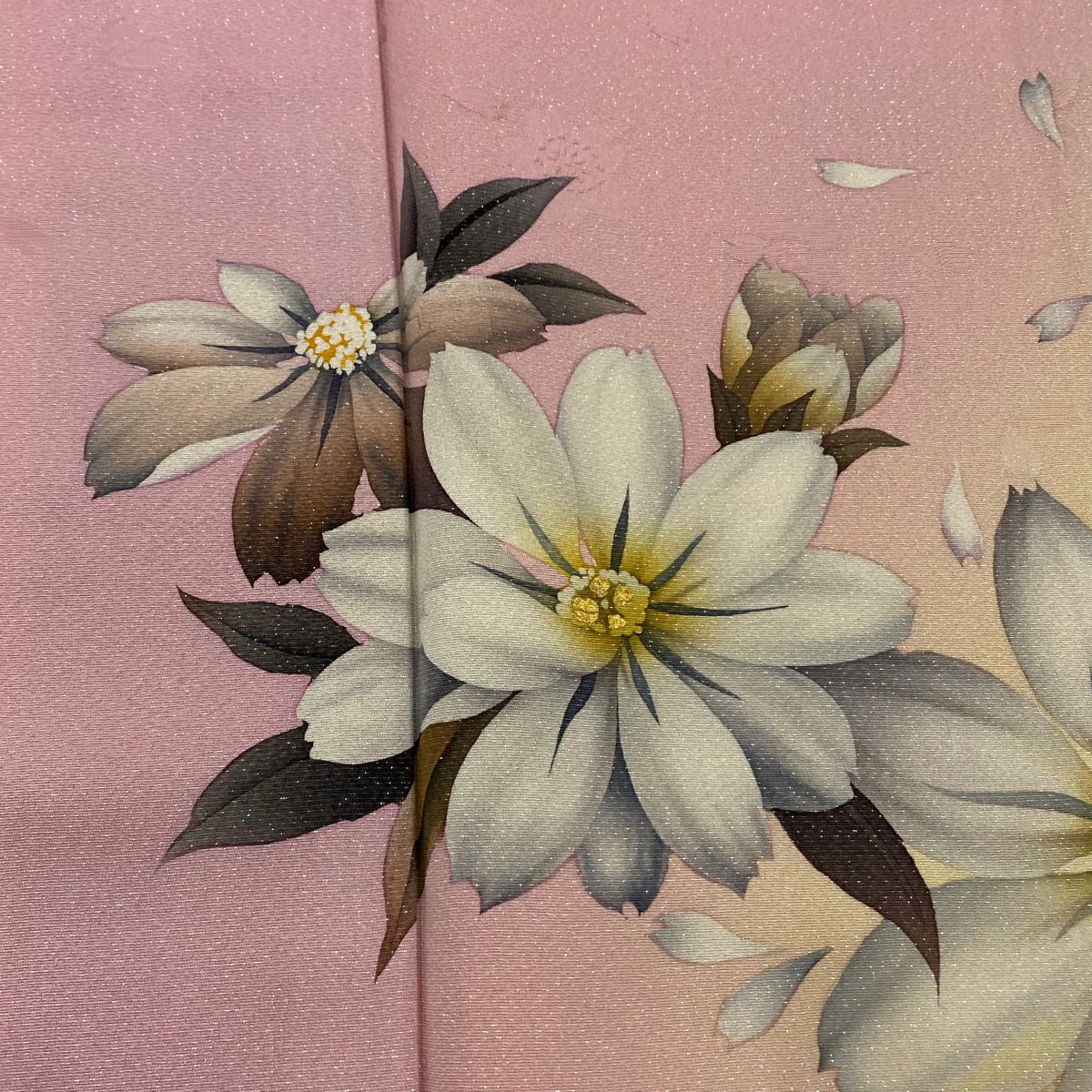 【美品】 付下 身長166.5cm 袖長68cm L 雙層 草花紋紋 花瓣 金銀彩 粉紅 純蠶絲 優品級