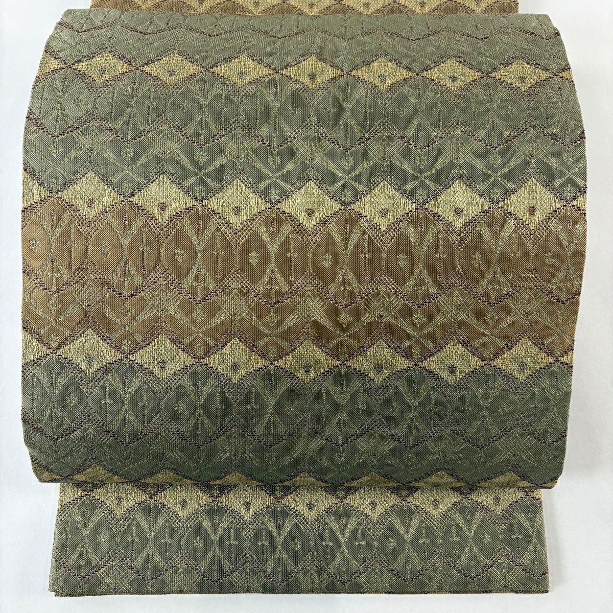 【美品】 開口名古屋帶 優品級 幾何學 金絲 淺茶 純蠶絲