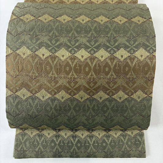 【美品】 開口名古屋帶 優品級 幾何學 金絲 淺茶 純蠶絲