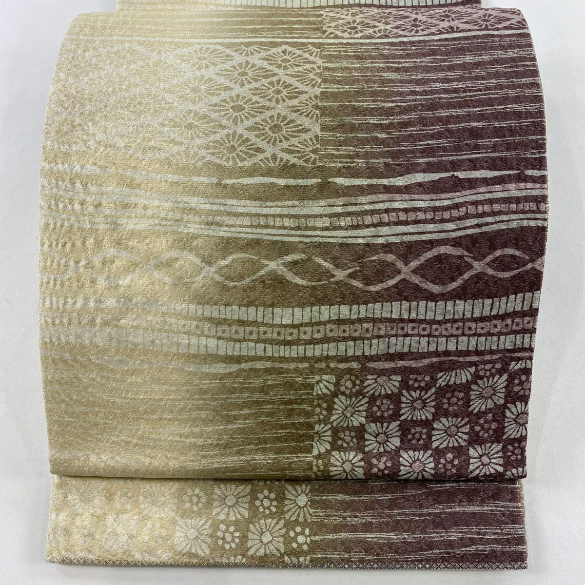 【美品】 袋帶 秀品級 花 縞 銀通 茶綠 全通 純蠶絲