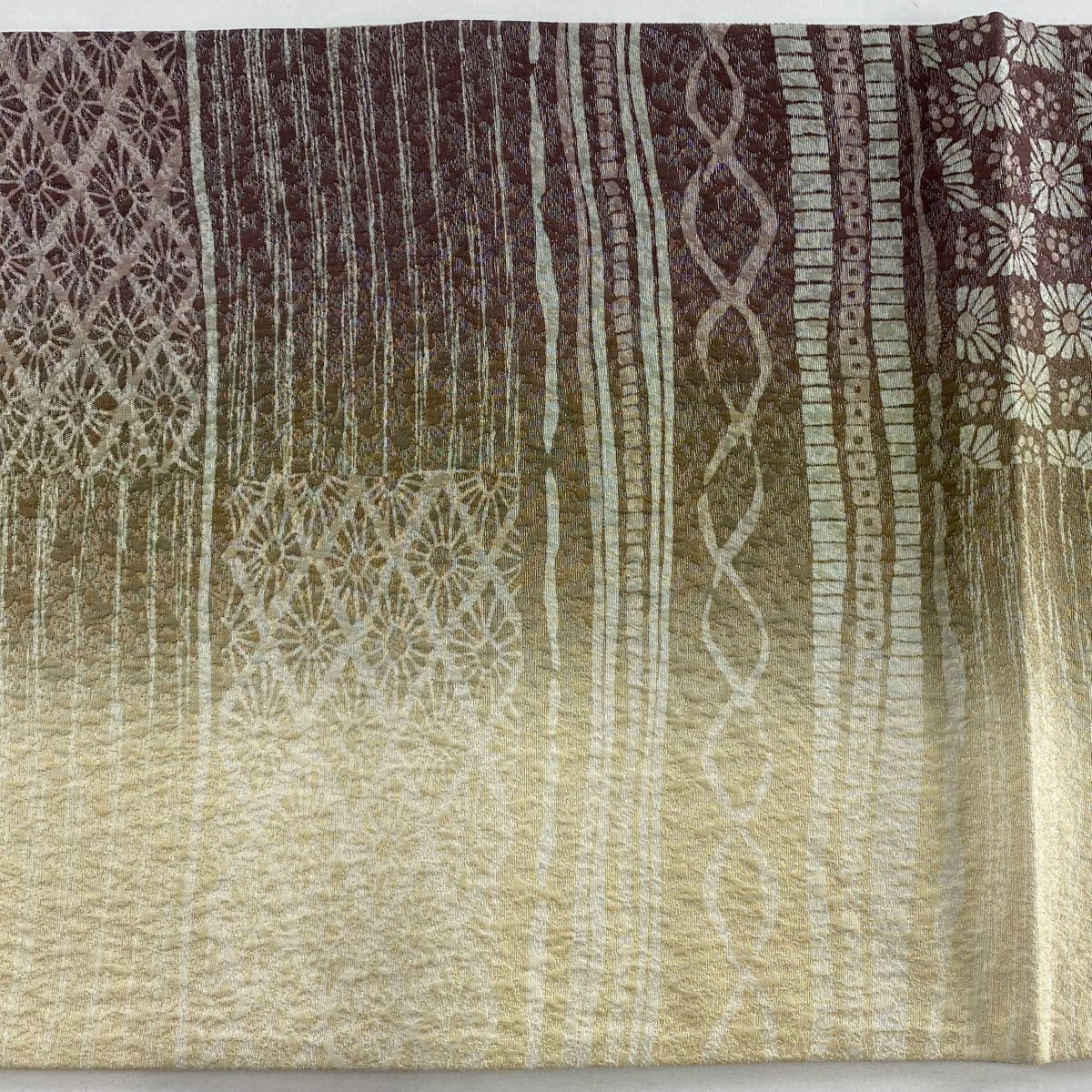 【美品】 袋帶 秀品級 花 縞 銀通 茶綠 全通 純蠶絲