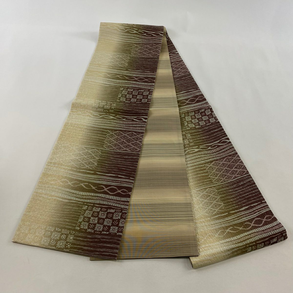 【美品】 袋帶 秀品級 花 縞 銀通 茶綠 全通 純蠶絲