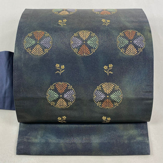 【美品】 名古屋帶 秀品級 若松樹 草花紋 金糸 金金箔 深綠 純蠶絲