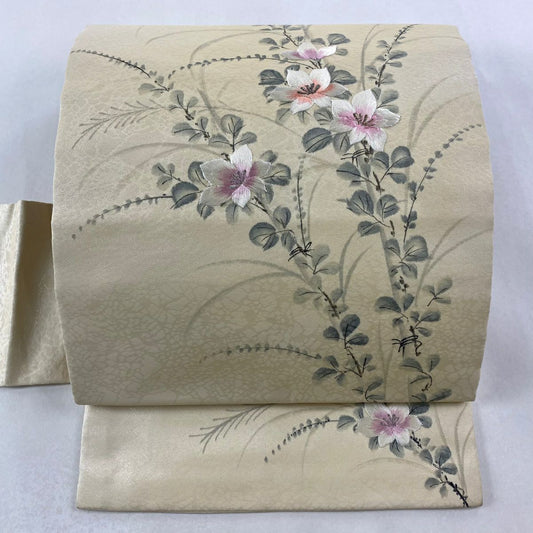 名古屋帶 秀品級 附落款 草花紋刺繡 金銀彩 米色 純蠶絲