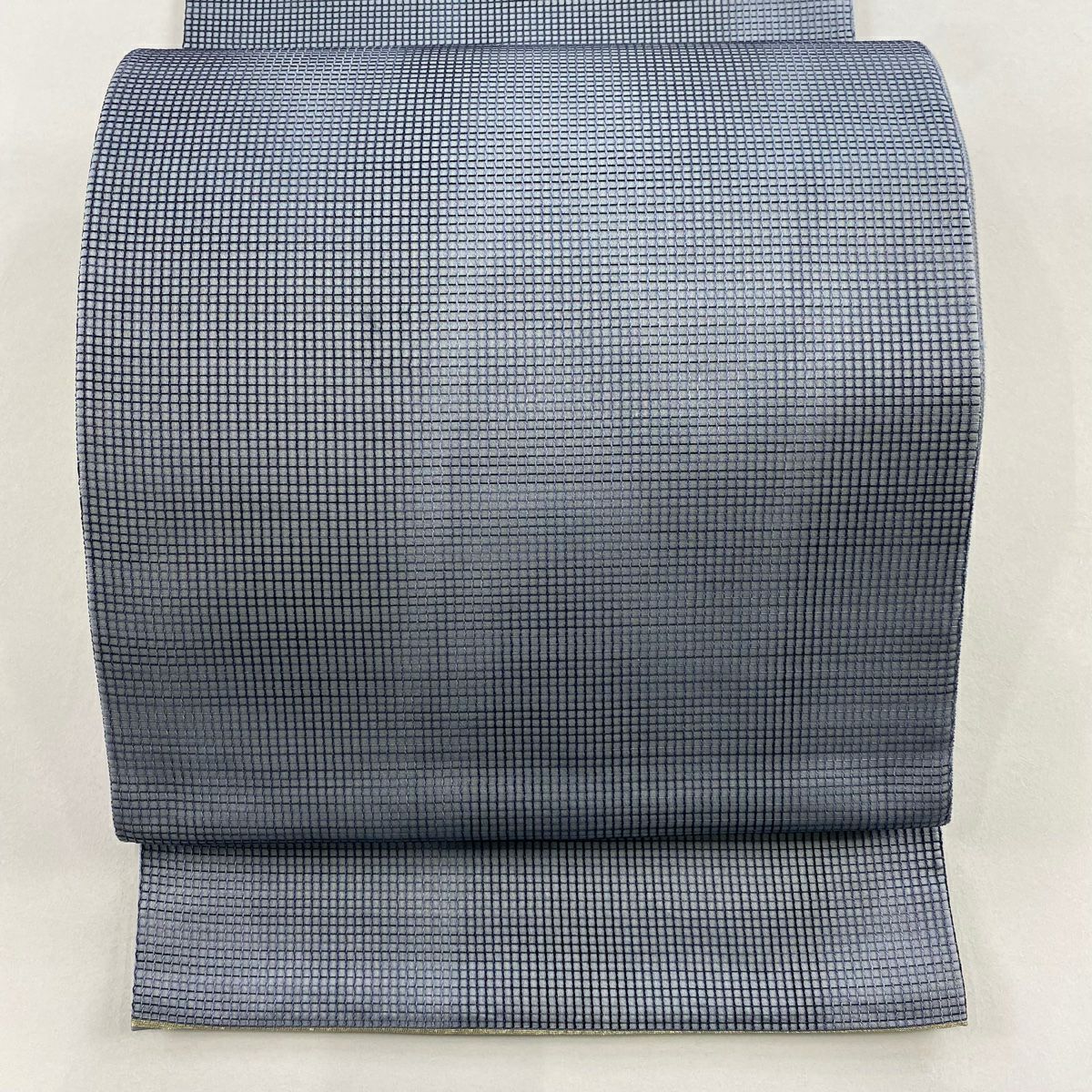【美品】 袋帶 秀品級 關西仕立 雜格 霞刺繡 青灰 六通 純蠶絲