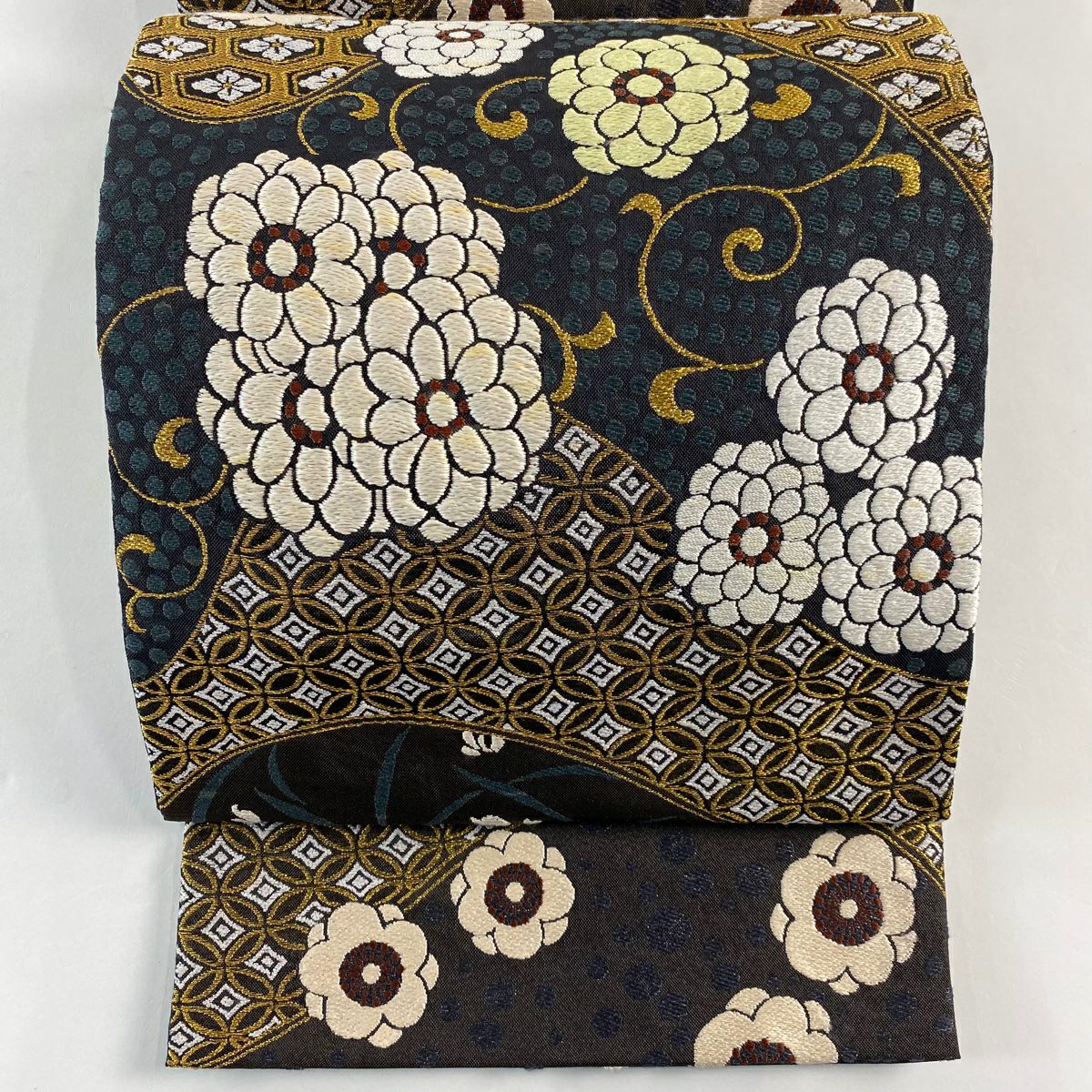 袋帶 名品級 花唐草紋 七寶 金絲 刺繡 墨 全通 純蠶絲