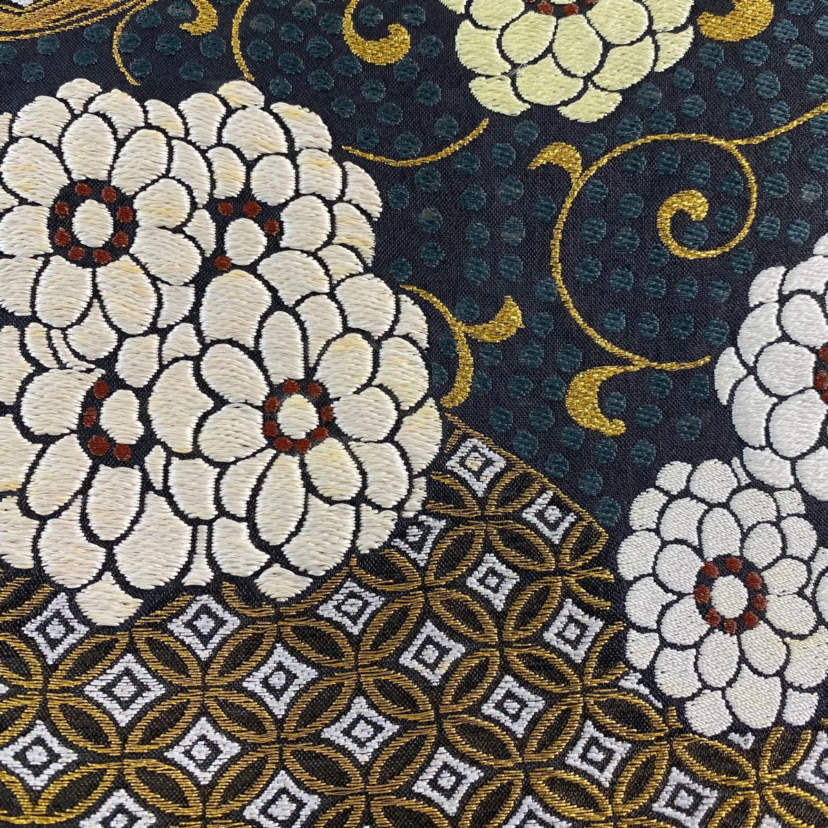 袋帶 名品級 花唐草紋 七寶 金絲 刺繡 墨 全通 純蠶絲