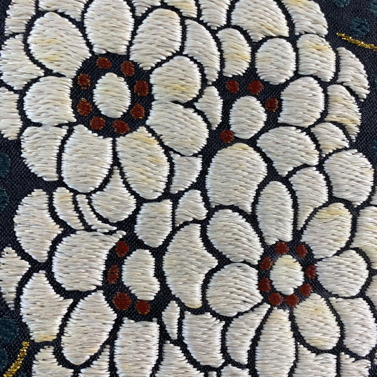 袋帶 名品級 花唐草紋 七寶 金絲 刺繡 墨 全通 純蠶絲