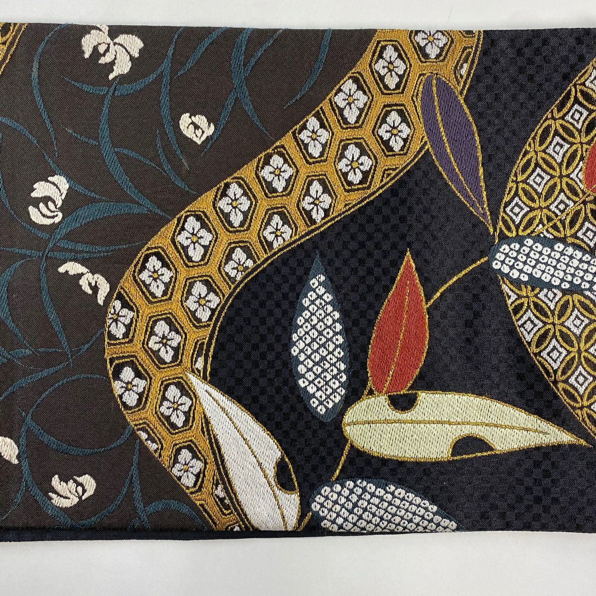袋帶 名品級 花唐草紋 七寶 金絲 刺繡 墨 全通 純蠶絲