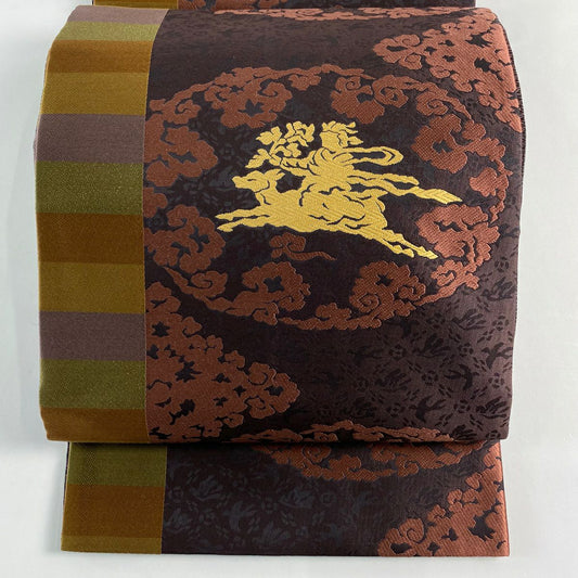袋帶 名品級 人物 動物 刺繡 茶 紫 全通 純蠶絲