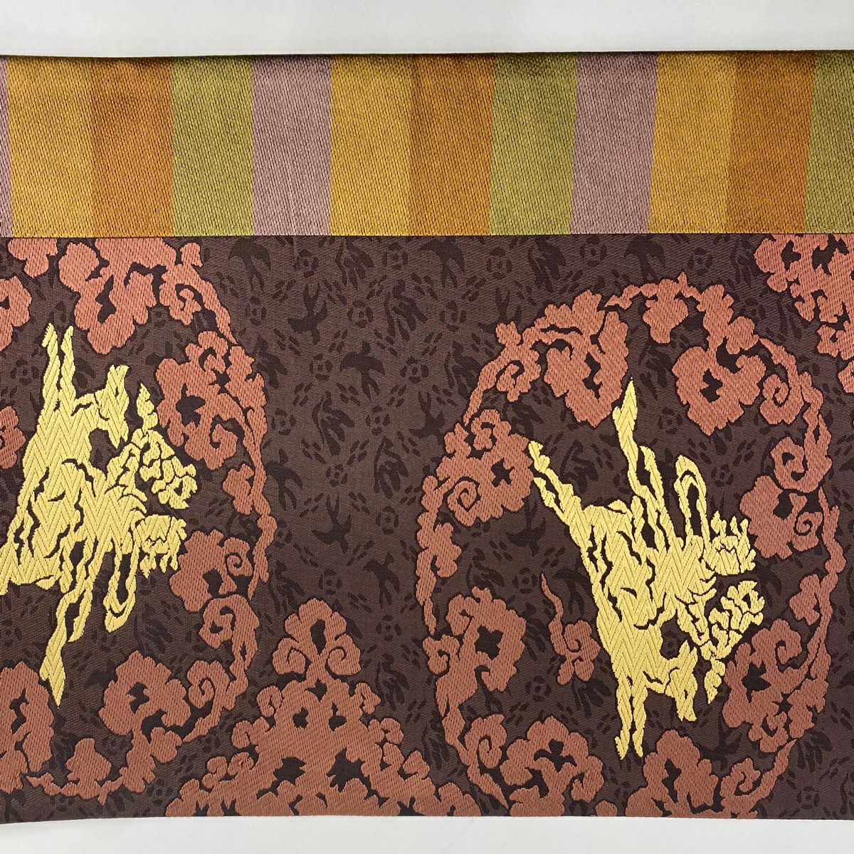袋帶 名品級 人物 動物 刺繡 茶 紫 全通 純蠶絲