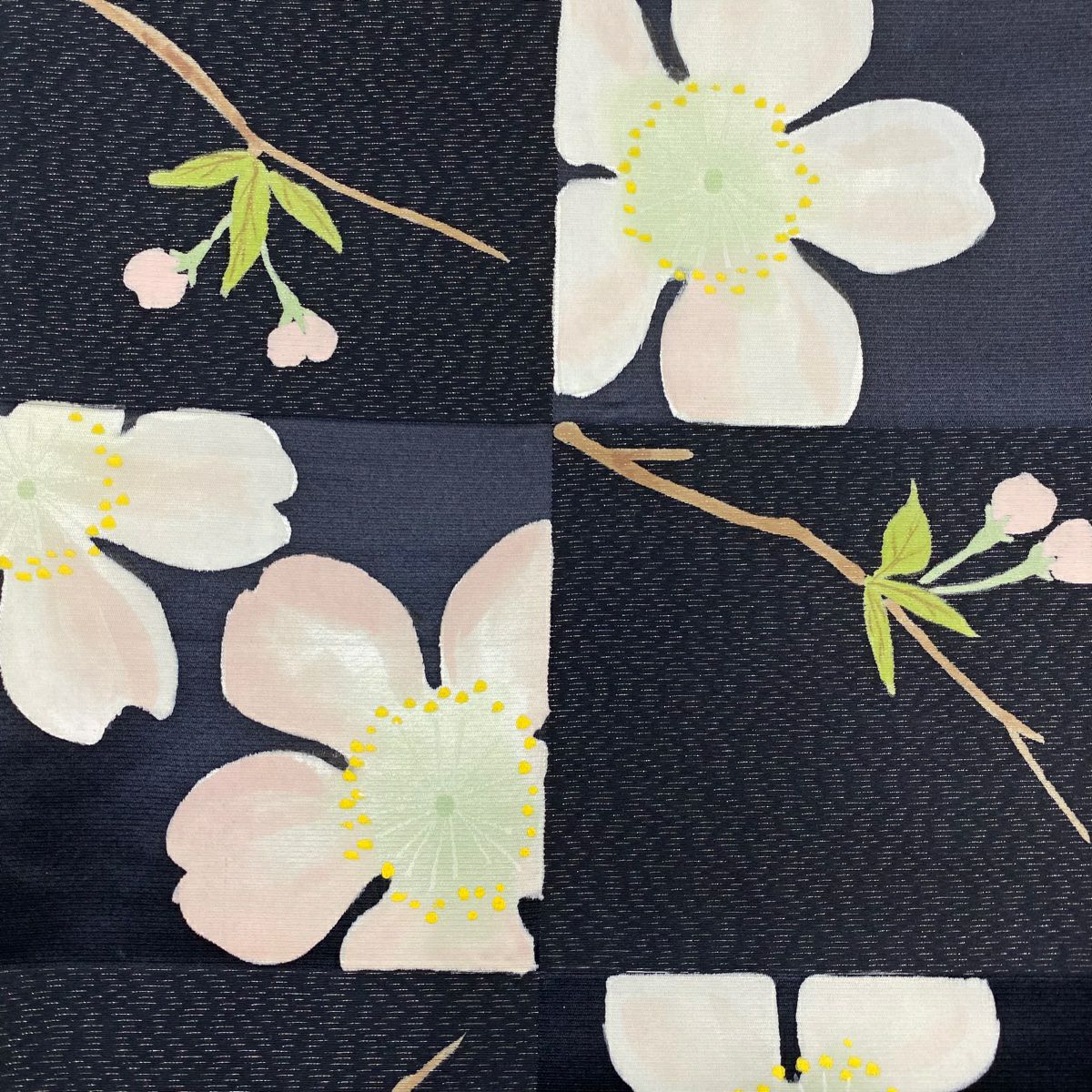 【美品】 袋帶 名品級 樱花 市松樹 銀線 墨色 全通 純蠶絲