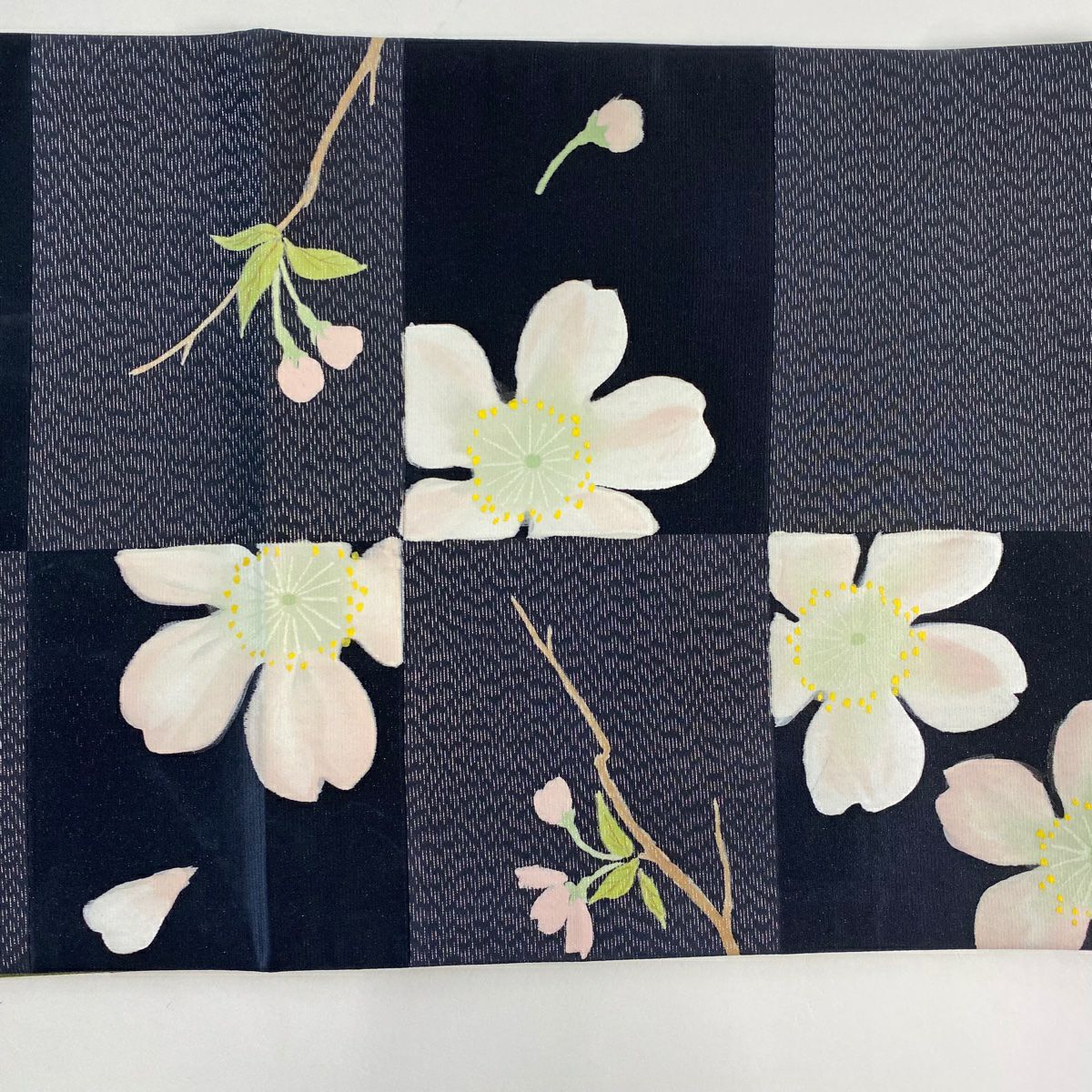 【美品】 袋帶 名品級 樱花 市松樹 銀線 墨色 全通 純蠶絲