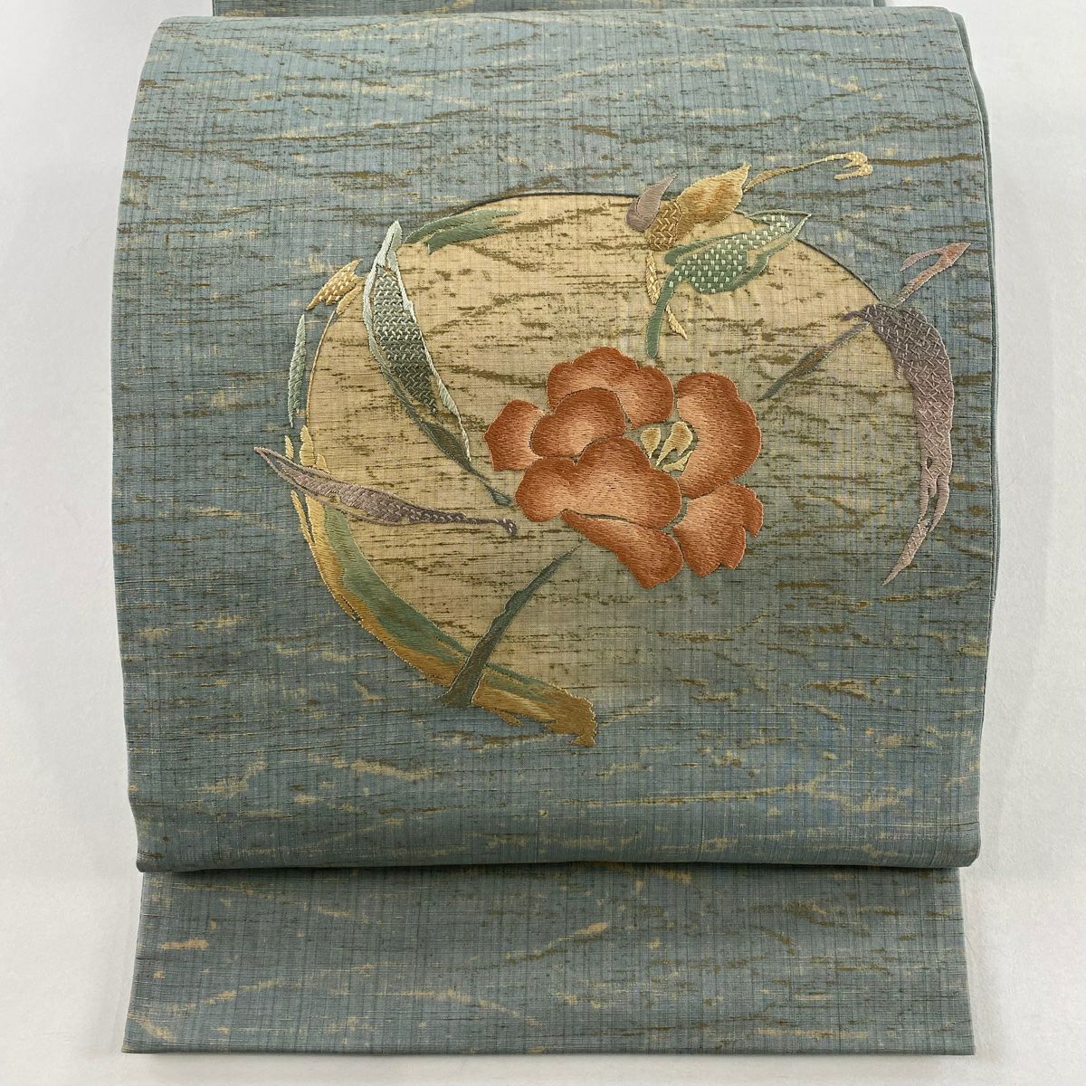 【美品】 袋帶 秀品級 紬織織 草花紋 圓文 刺繡 漸層 深灰藍 純蠶絲