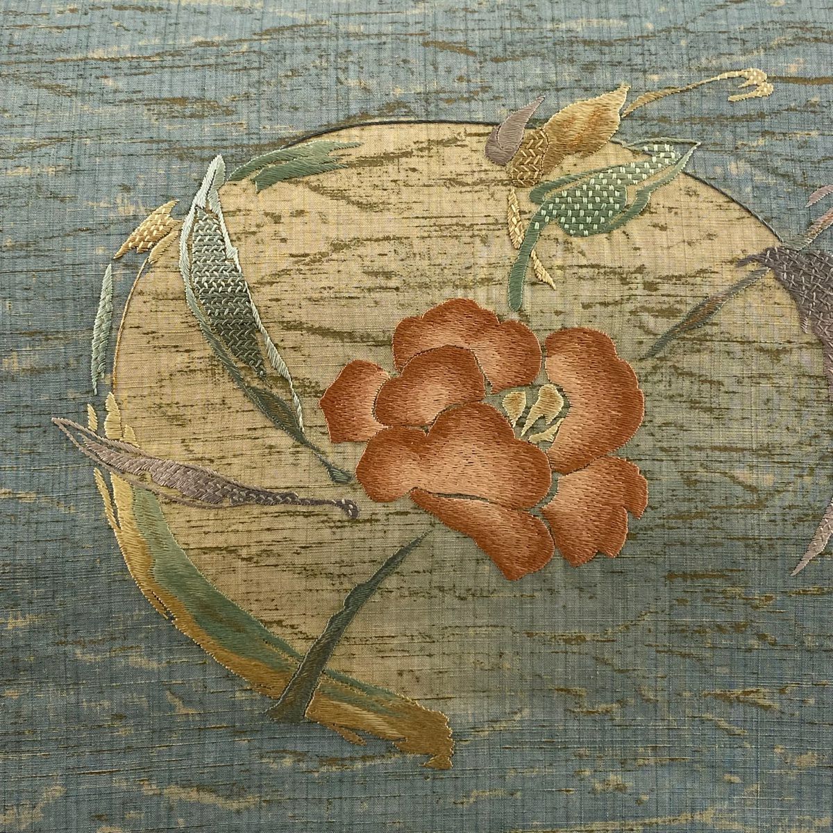 【美品】 袋帶 秀品級 紬織織 草花紋 圓文 刺繡 漸層 深灰藍 純蠶絲