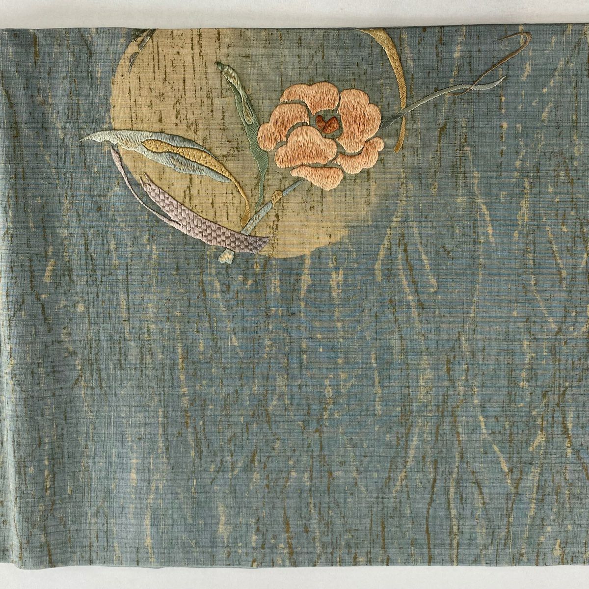 【美品】 袋帶 秀品級 紬織織 草花紋 圓文 刺繡 漸層 深灰藍 純蠶絲