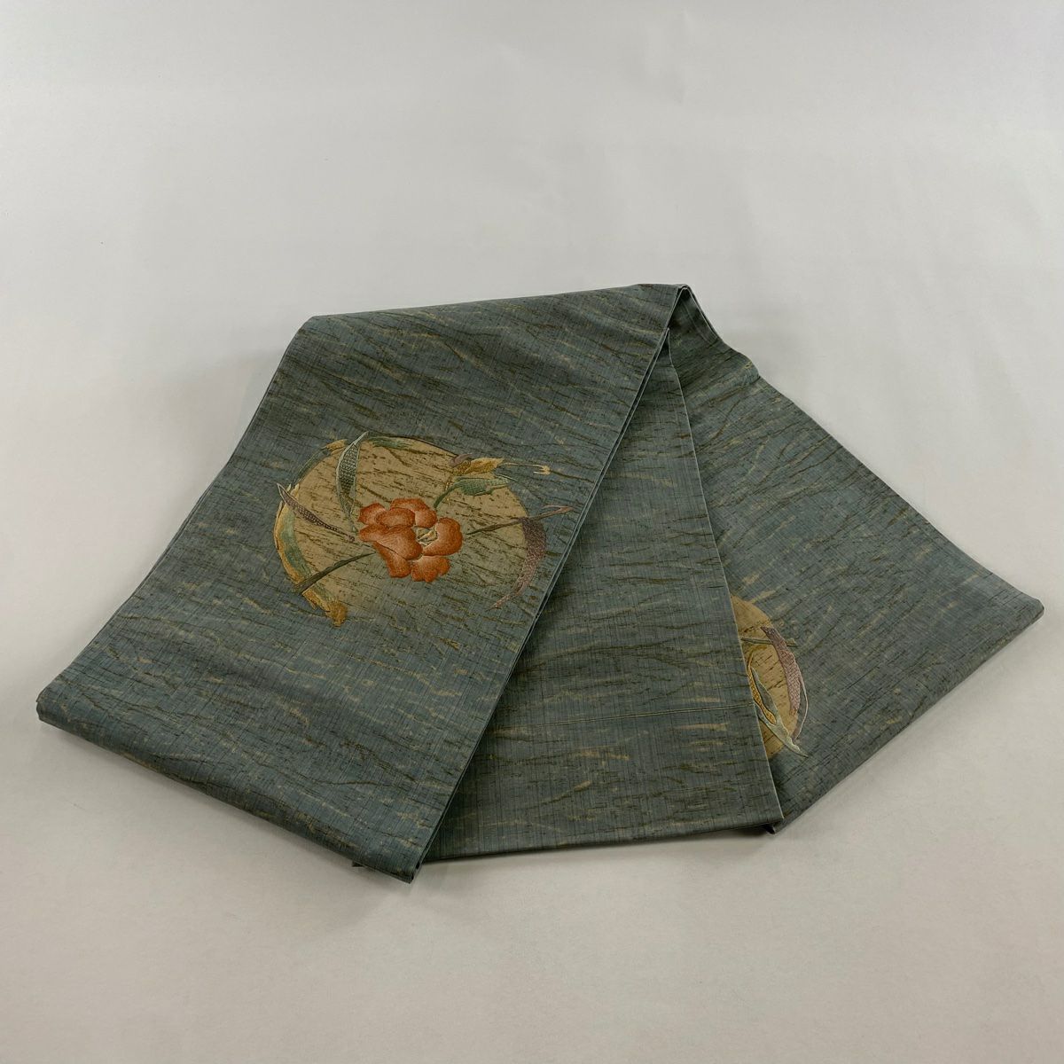 【美品】 袋帶 秀品級 紬織織 草花紋 圓文 刺繡 漸層 深灰藍 純蠶絲