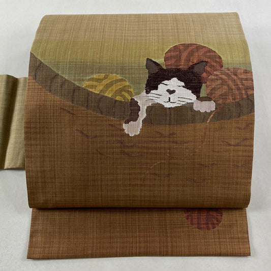 【美品】名古屋帶 逸品級 紬織織 猫 毛線 茶 純蠶絲