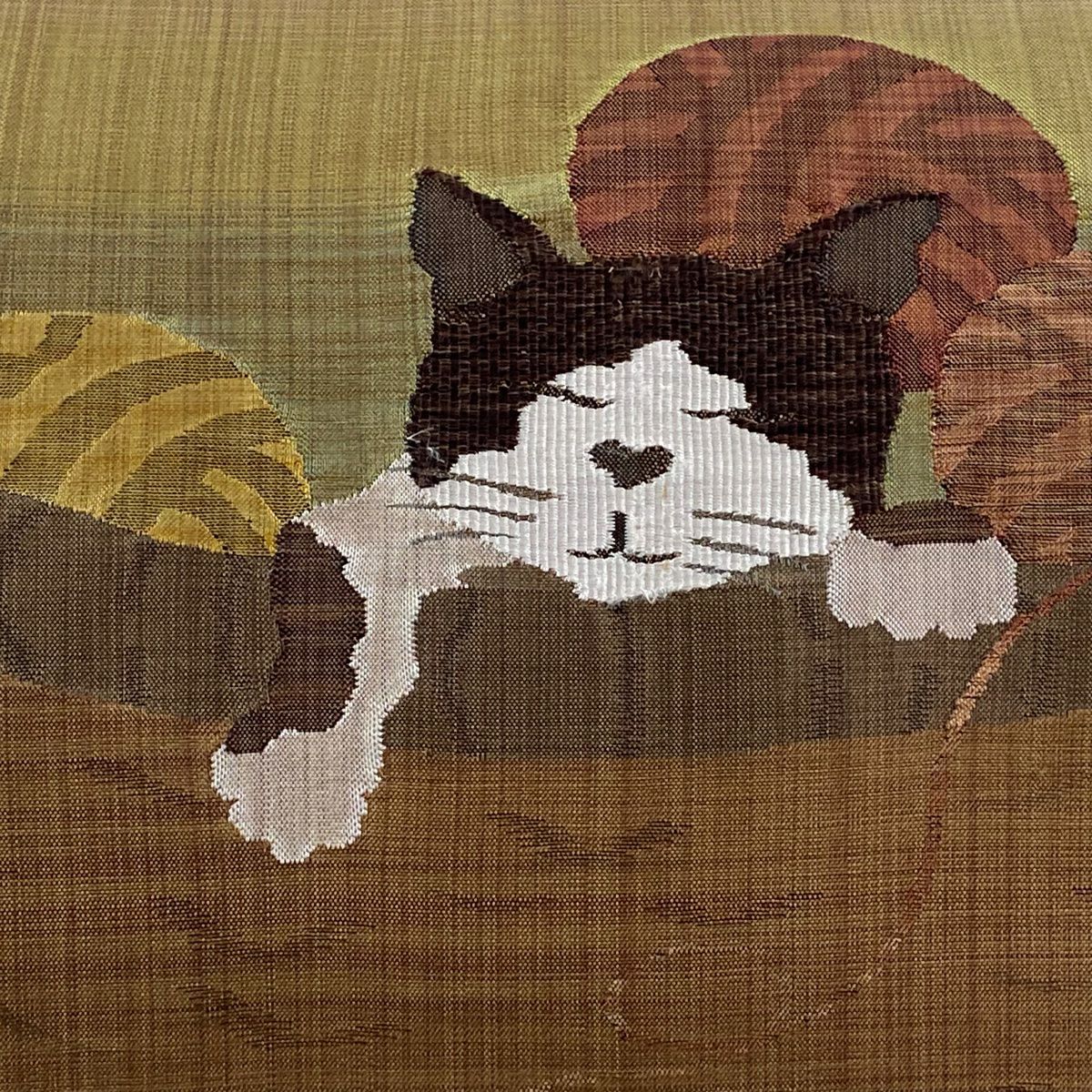 【美品】名古屋帶 逸品級 紬織織 猫 毛線 茶 純蠶絲