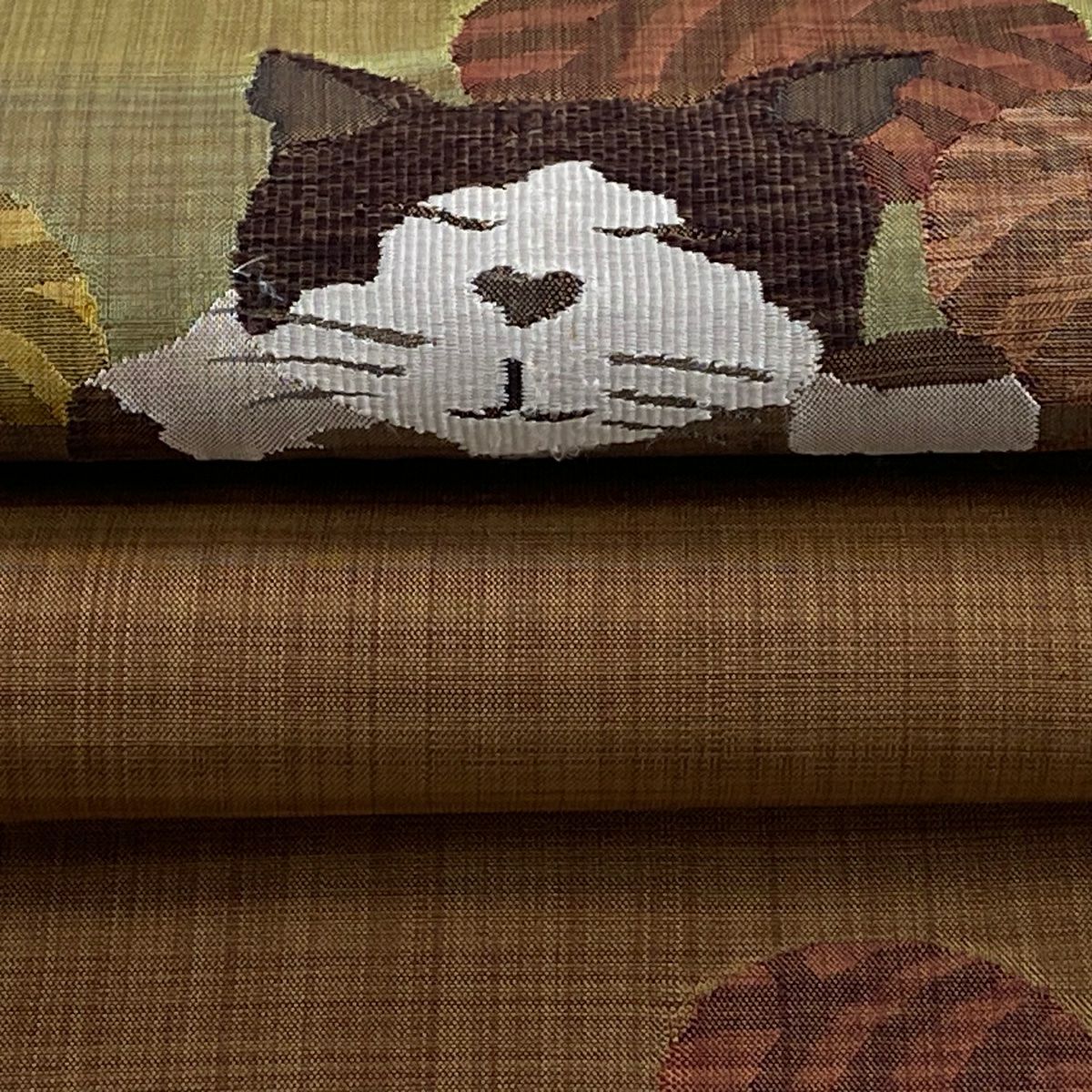 【美品】名古屋帶 逸品級 紬織織 猫 毛線 茶 純蠶絲