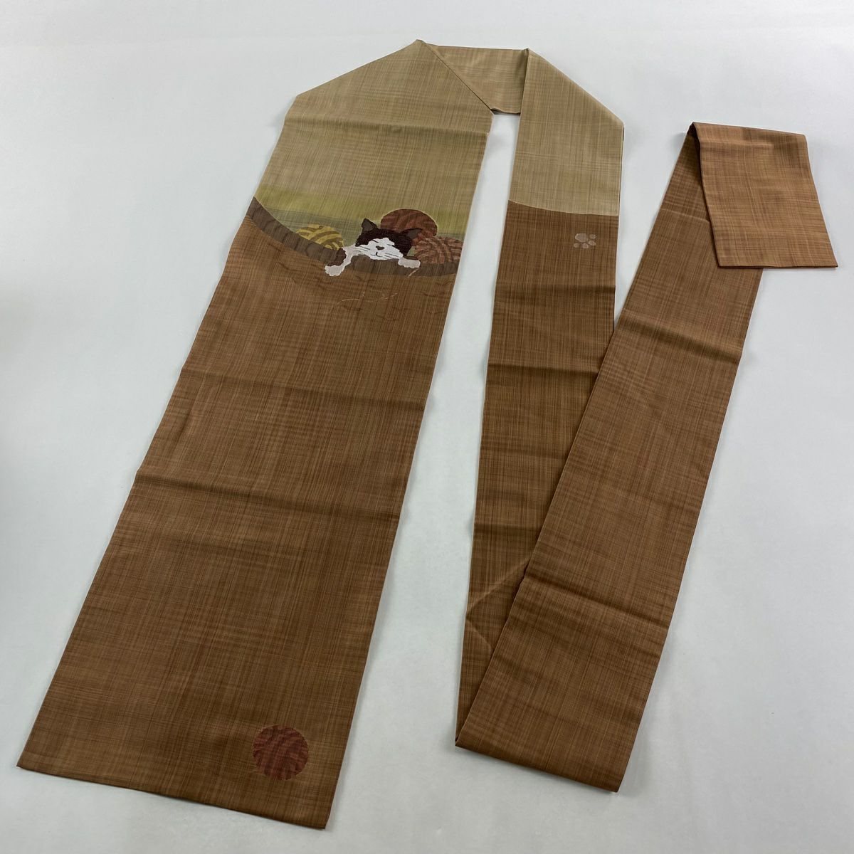 【美品】名古屋帶 逸品級 紬織織 猫 毛線 茶 純蠶絲