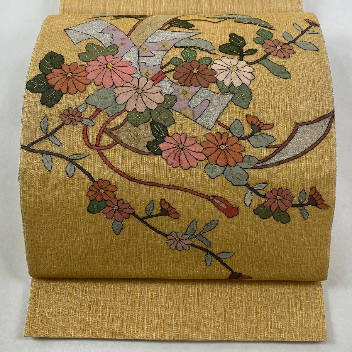 【美品】 袋帶 逸品級 夏帶 菊花 松樹 金銀彩 橙色 大鼓圖案 純蠶絲
