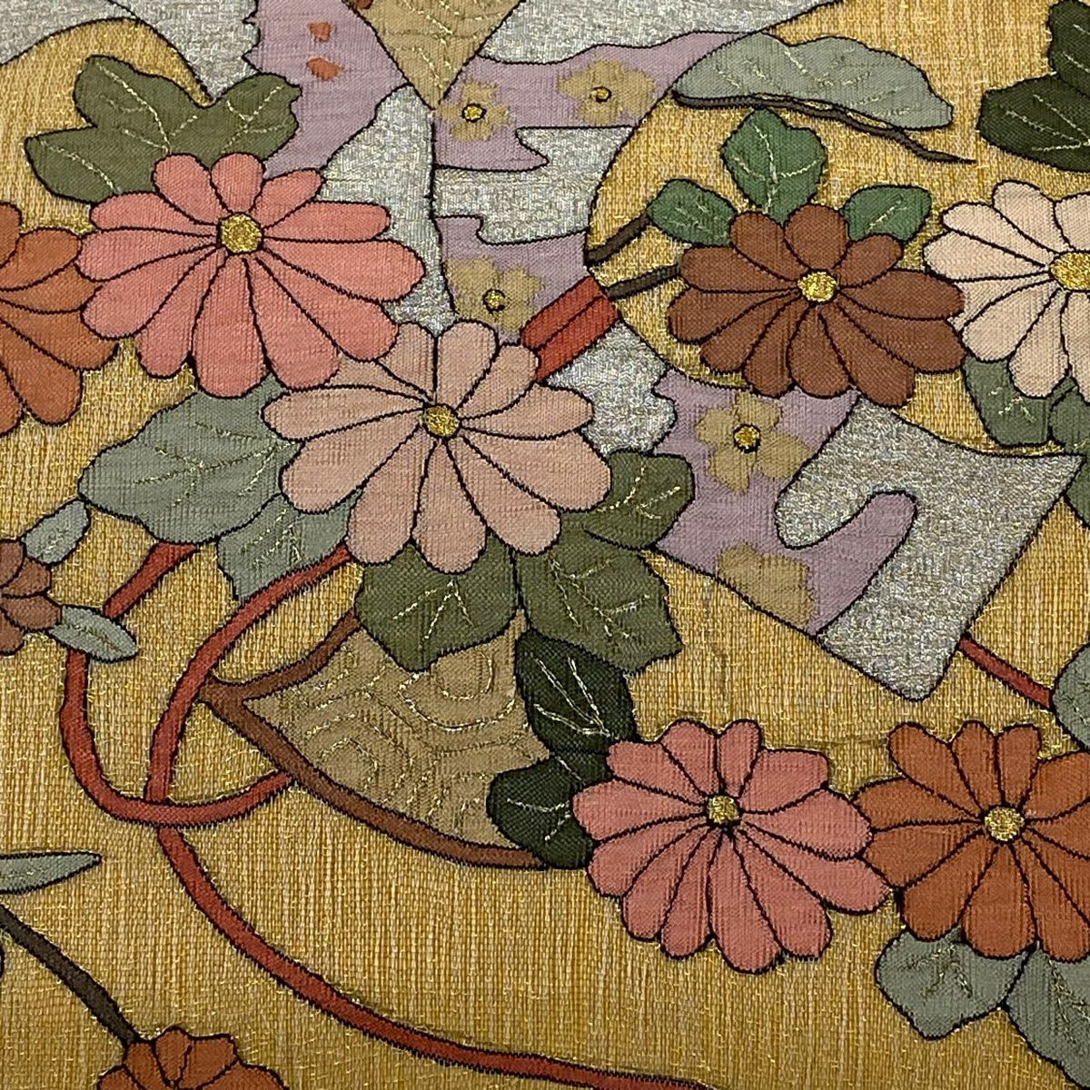 【美品】 袋帶 逸品級 夏帶 菊花 松樹 金銀彩 橙色 大鼓圖案 純蠶絲