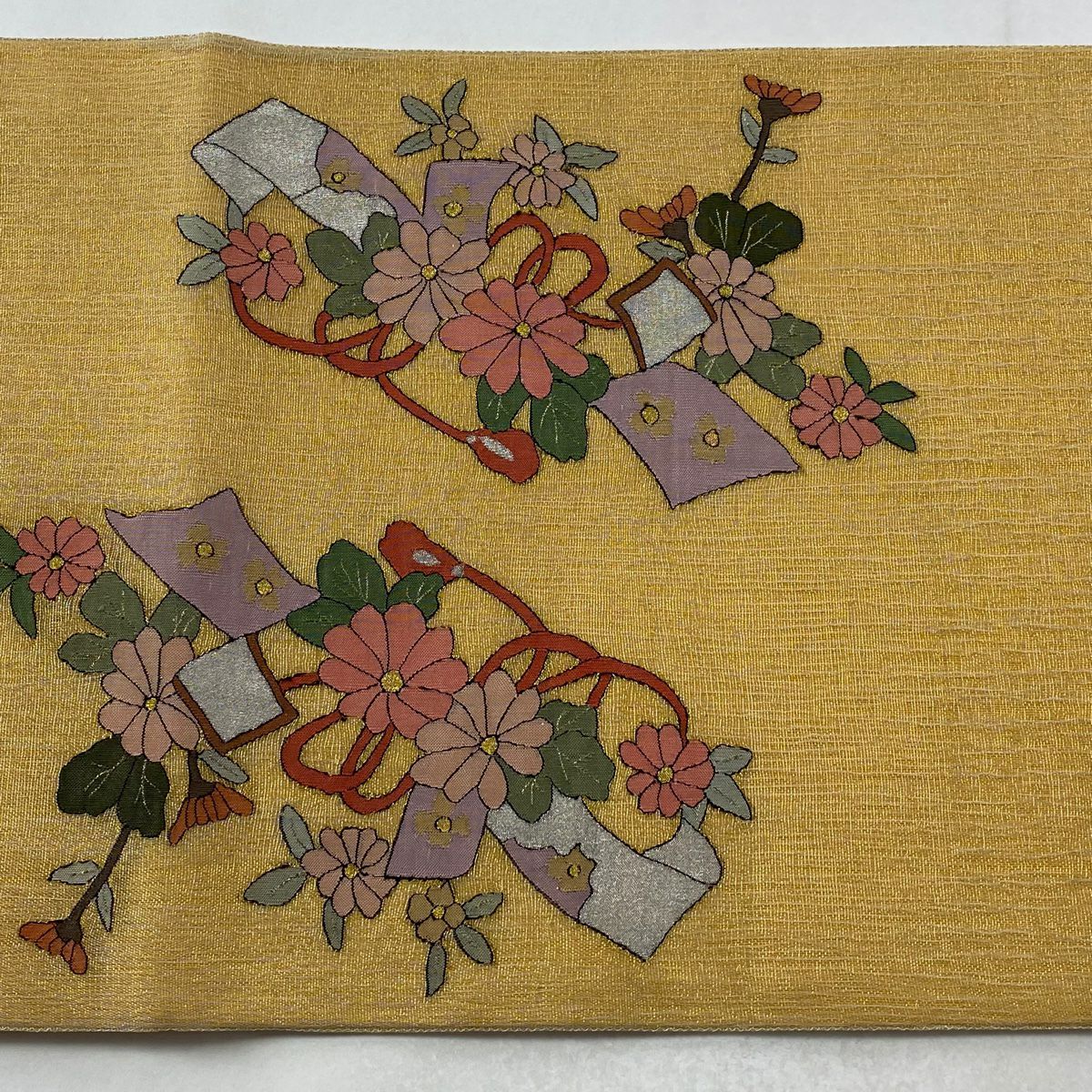 【美品】 袋帶 逸品級 夏帶 菊花 松樹 金銀彩 橙色 大鼓圖案 純蠶絲