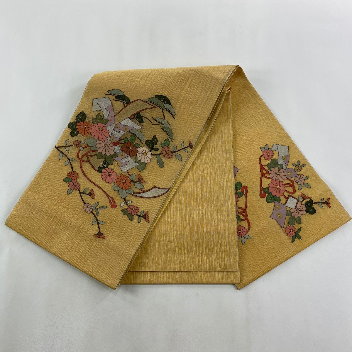 【美品】 袋帶 逸品級 夏帶 菊花 松樹 金銀彩 橙色 大鼓圖案 純蠶絲