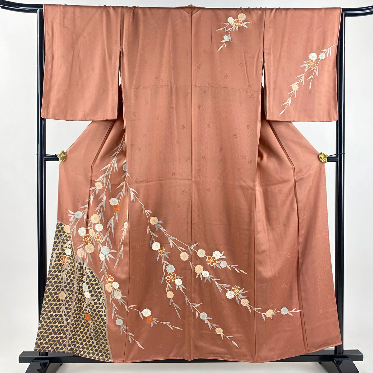 【美品】訪問服 身長157cm 袖長66.5cm M 雙層 垂枝櫻 籠目 金銀彩 粉紅 純蠶絲 秀品級