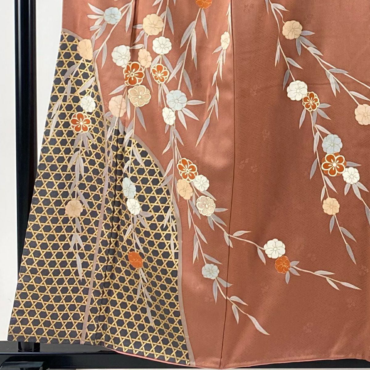 【美品】訪問服 身長157cm 袖長66.5cm M 雙層 垂枝櫻 籠目 金銀彩 粉紅 純蠶絲 秀品級