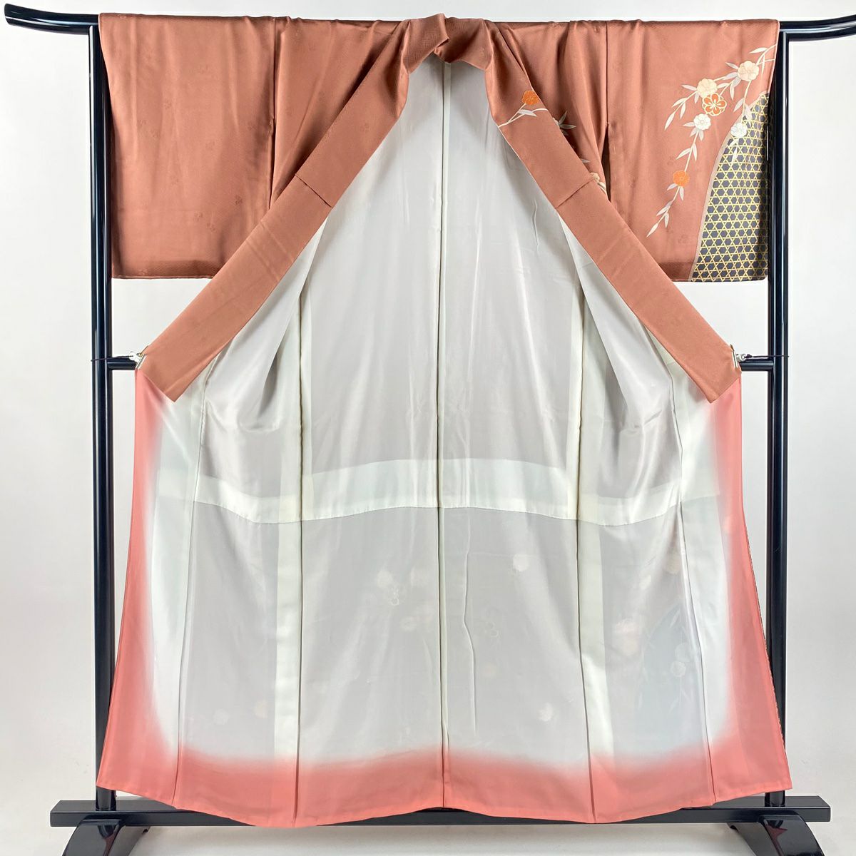 【美品】訪問服 身長157cm 袖長66.5cm M 雙層 垂枝櫻 籠目 金銀彩 粉紅 純蠶絲 秀品級