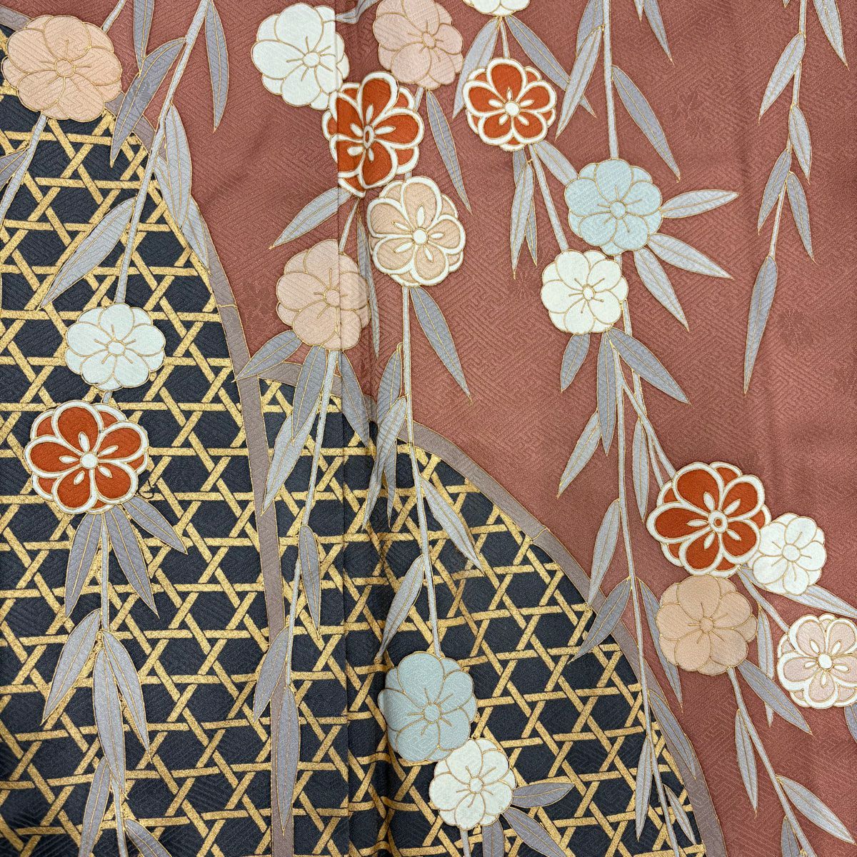 【美品】訪問服 身長157cm 袖長66.5cm M 雙層 垂枝櫻 籠目 金銀彩 粉紅 純蠶絲 秀品級