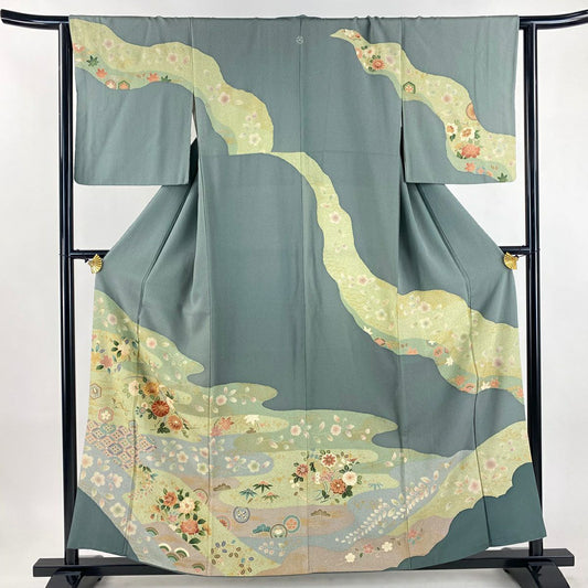 訪問服 身長158cm 袖長63.5cm S 雙層 菊花 草花紋 金絲 金銀彩 灰綠 純蠶絲 秀品級 一個紋