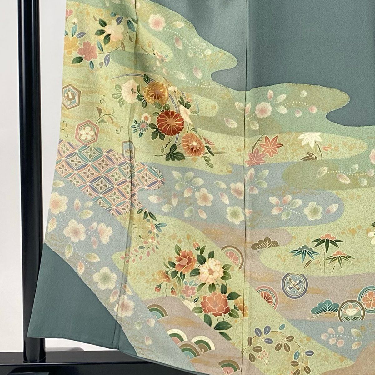 訪問服 身長158cm 袖長63.5cm S 雙層 菊花 草花紋 金絲 金銀彩 灰綠 純蠶絲 秀品級 一個紋