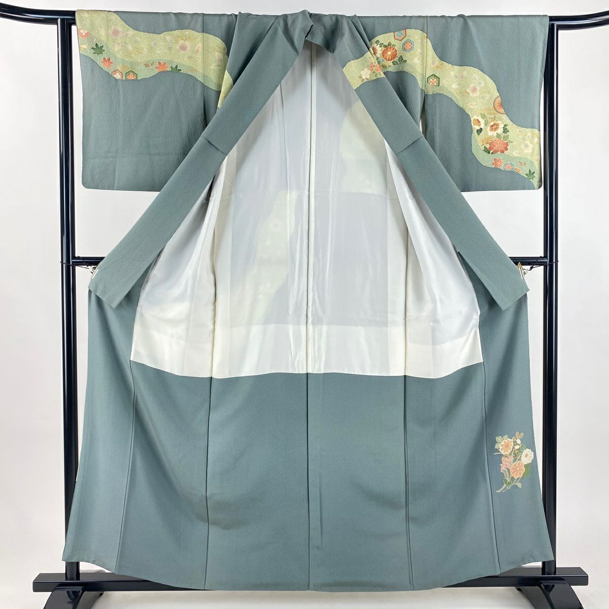 訪問服 身長158cm 袖長63.5cm S 雙層 菊花 草花紋 金絲 金銀彩 灰綠 純蠶絲 秀品級 一個紋