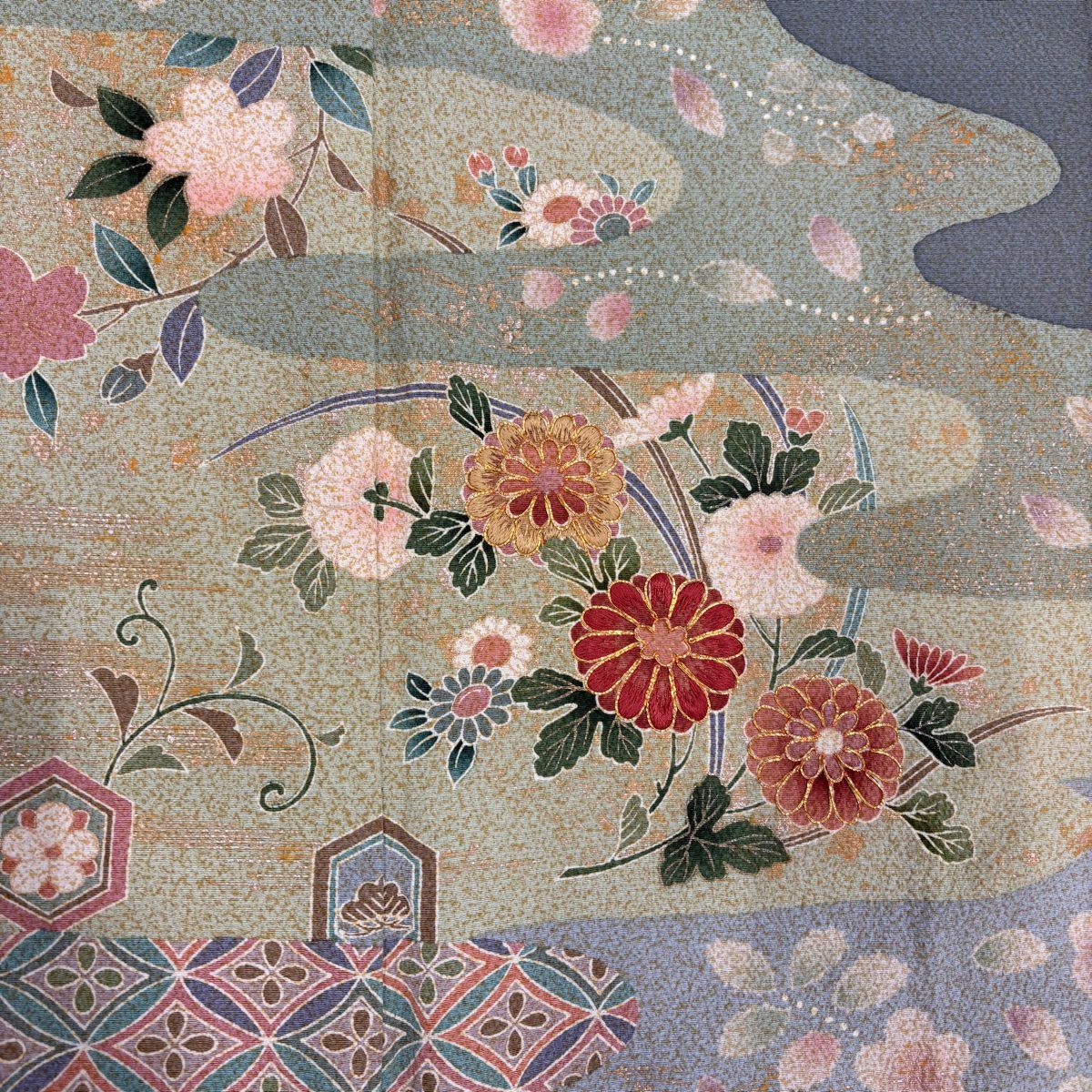 訪問服 身長158cm 袖長63.5cm S 雙層 菊花 草花紋 金絲 金銀彩 灰綠 純蠶絲 秀品級 一個紋