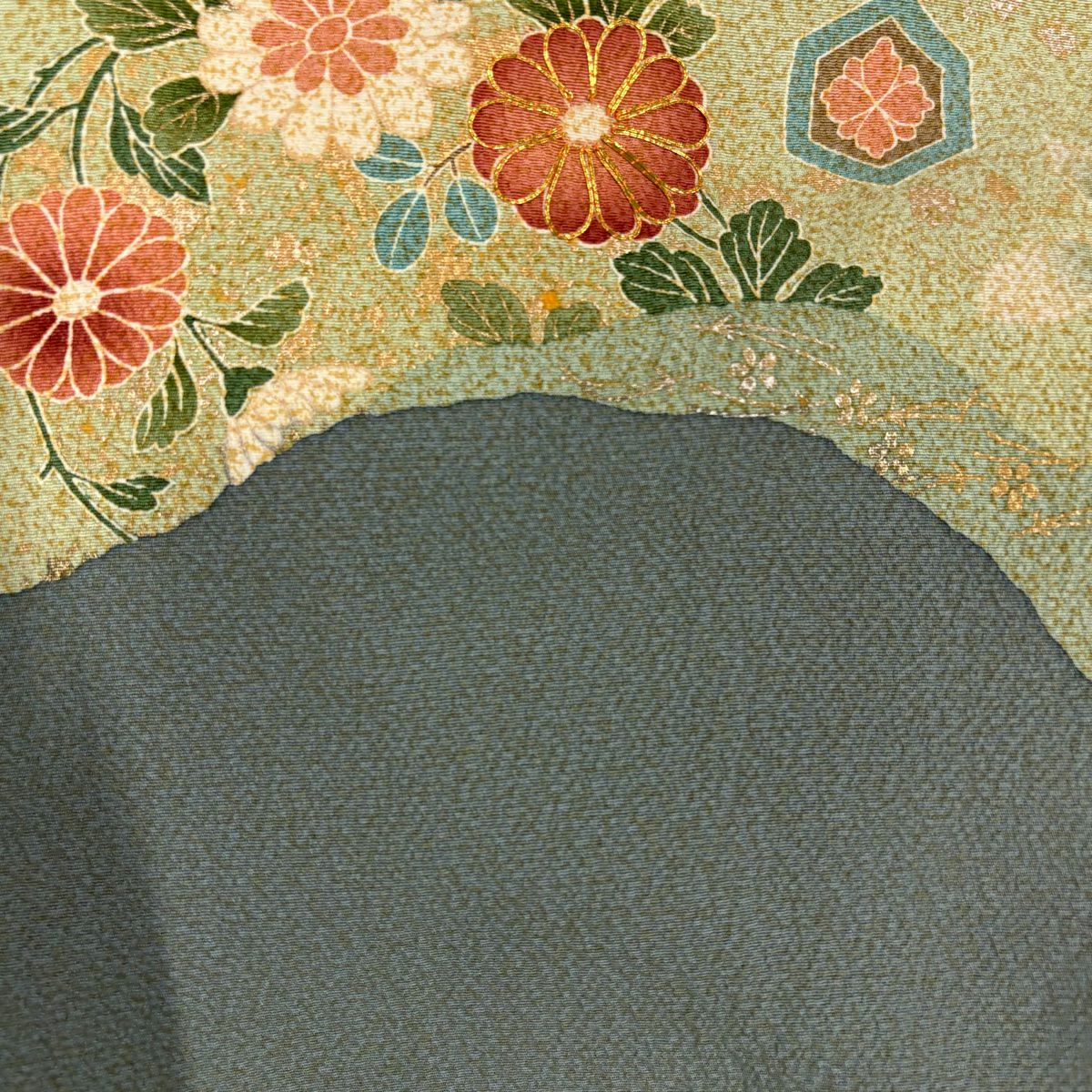 訪問服 身長158cm 袖長63.5cm S 雙層 菊花 草花紋 金絲 金銀彩 灰綠 純蠶絲 秀品級 一個紋