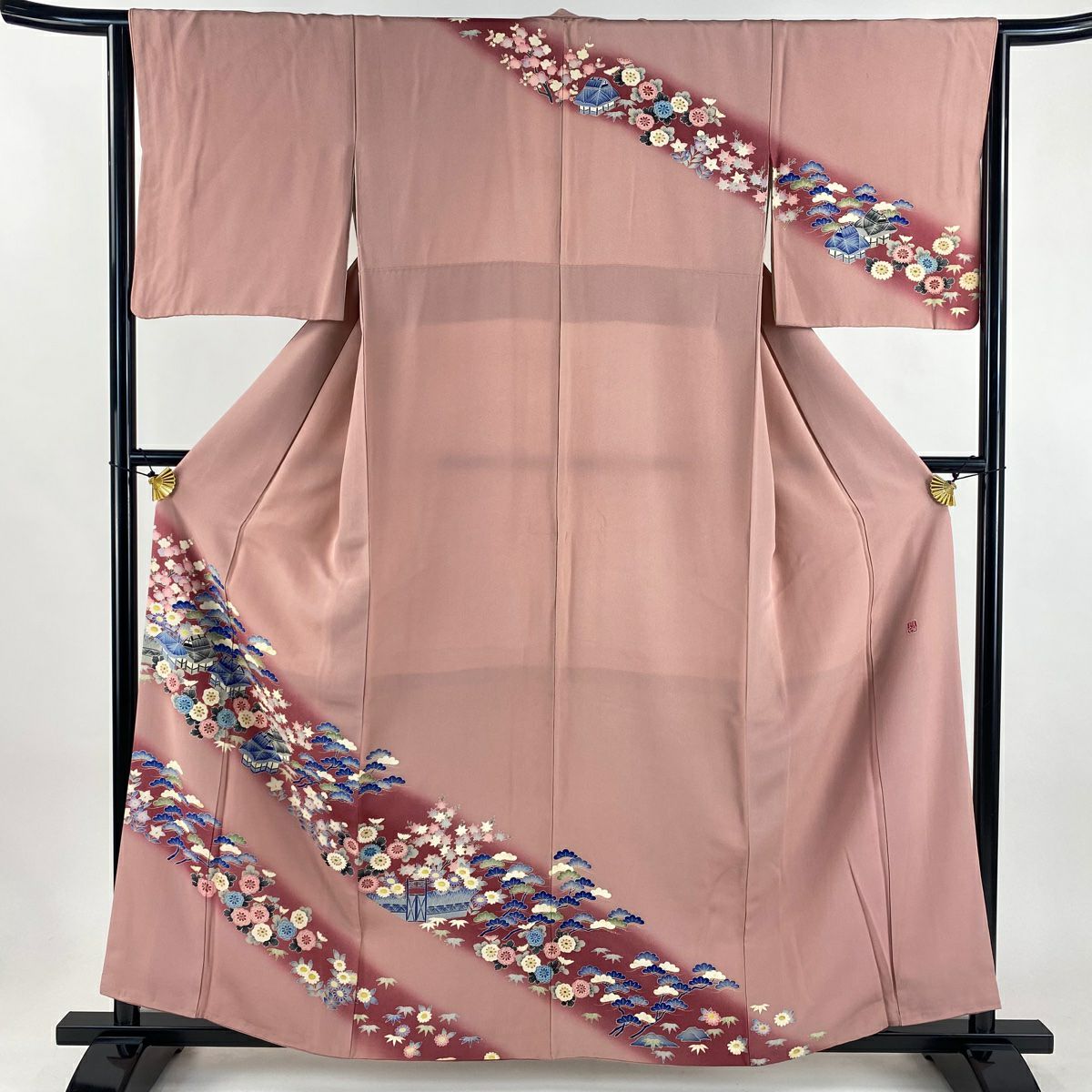 訪問服 身長158.5cm 袖長64.5cm M 雙層 落款あり 家屋 松樹竹子梅花 漸變 粉色 純蠶絲 優品級
