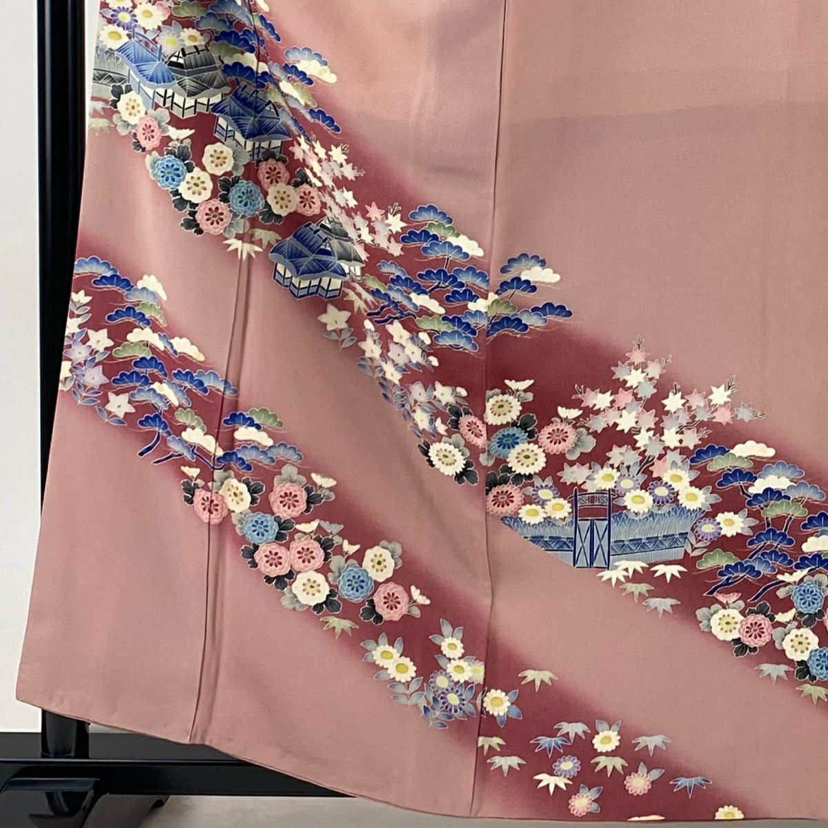 訪問服 身長158.5cm 袖長64.5cm M 雙層 落款あり 家屋 松樹竹子梅花 漸變 粉色 純蠶絲 優品級