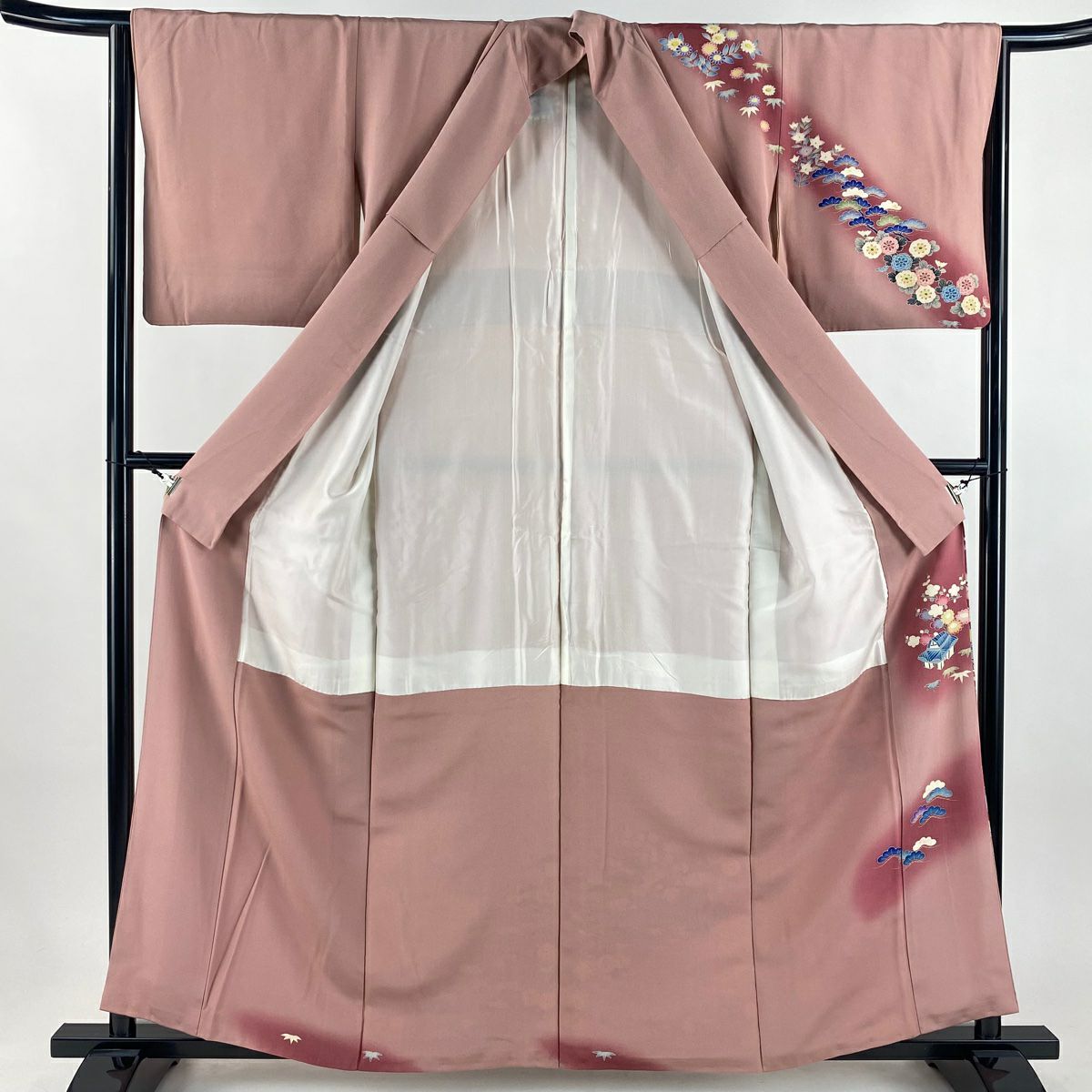 訪問服 身長158.5cm 袖長64.5cm M 雙層 落款あり 家屋 松樹竹子梅花 漸變 粉色 純蠶絲 優品級