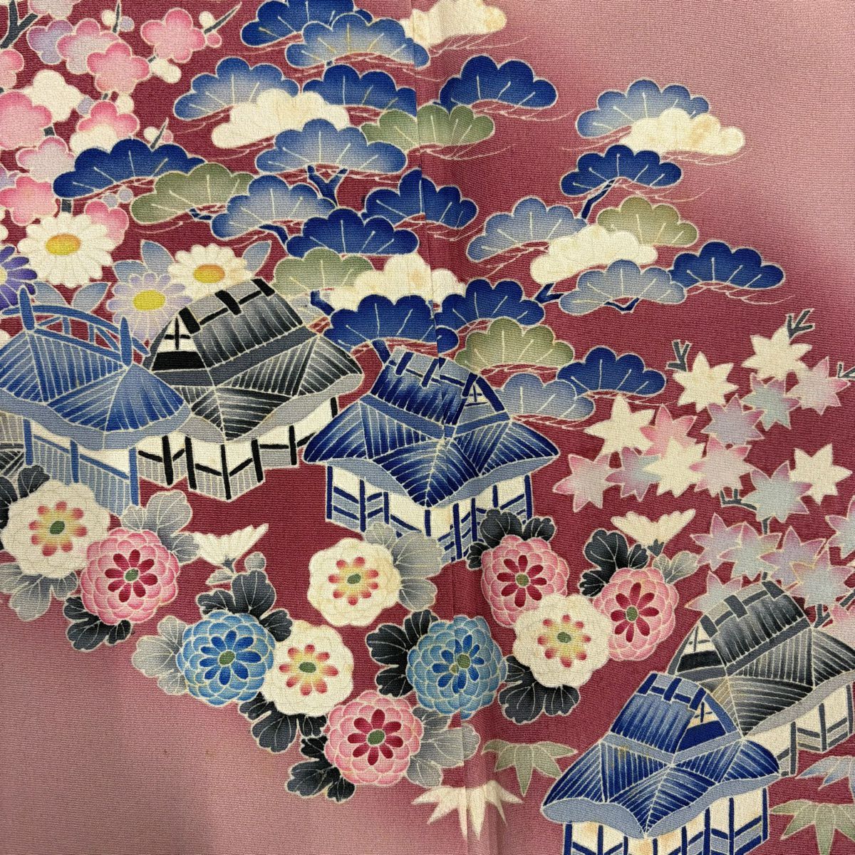 訪問服 身長158.5cm 袖長64.5cm M 雙層 落款あり 家屋 松樹竹子梅花 漸變 粉色 純蠶絲 優品級