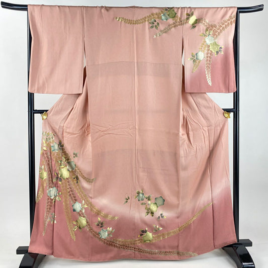 訪問服 身長164.5cm 袖長67cm M 雙層 草花紋紋 蝶 金銀彩 螺鈿 粉紅 純蠶絲 秀品級
