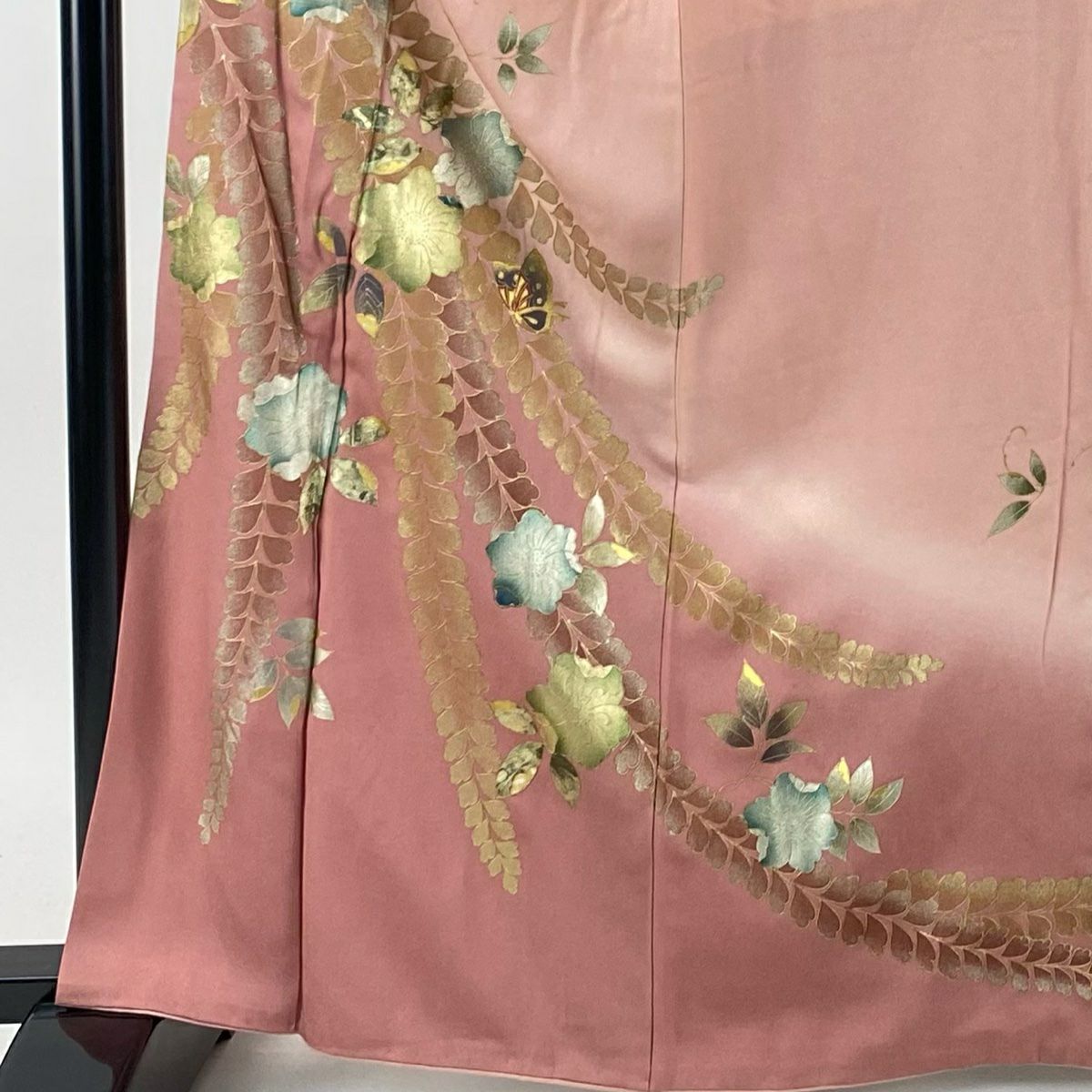訪問服 身長164.5cm 袖長67cm M 雙層 草花紋紋 蝶 金銀彩 螺鈿 粉紅 純蠶絲 秀品級
