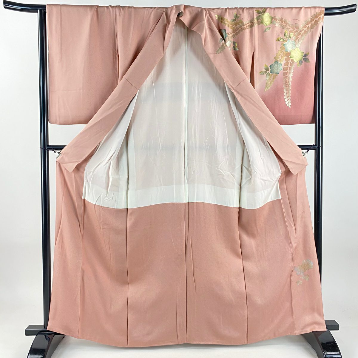 訪問服 身長164.5cm 袖長67cm M 雙層 草花紋紋 蝶 金銀彩 螺鈿 粉紅 純蠶絲 秀品級