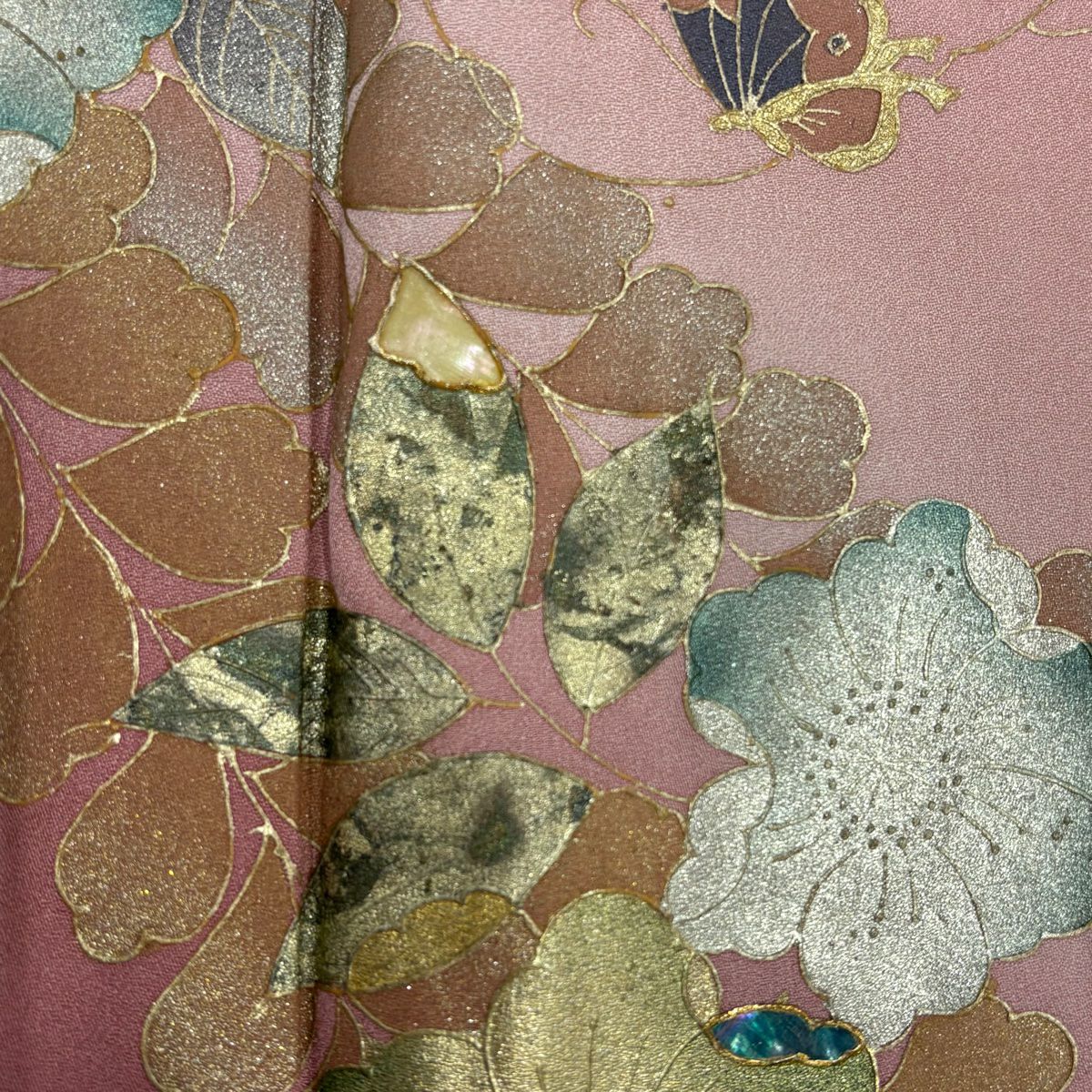 訪問服 身長164.5cm 袖長67cm M 雙層 草花紋紋 蝶 金銀彩 螺鈿 粉紅 純蠶絲 秀品級