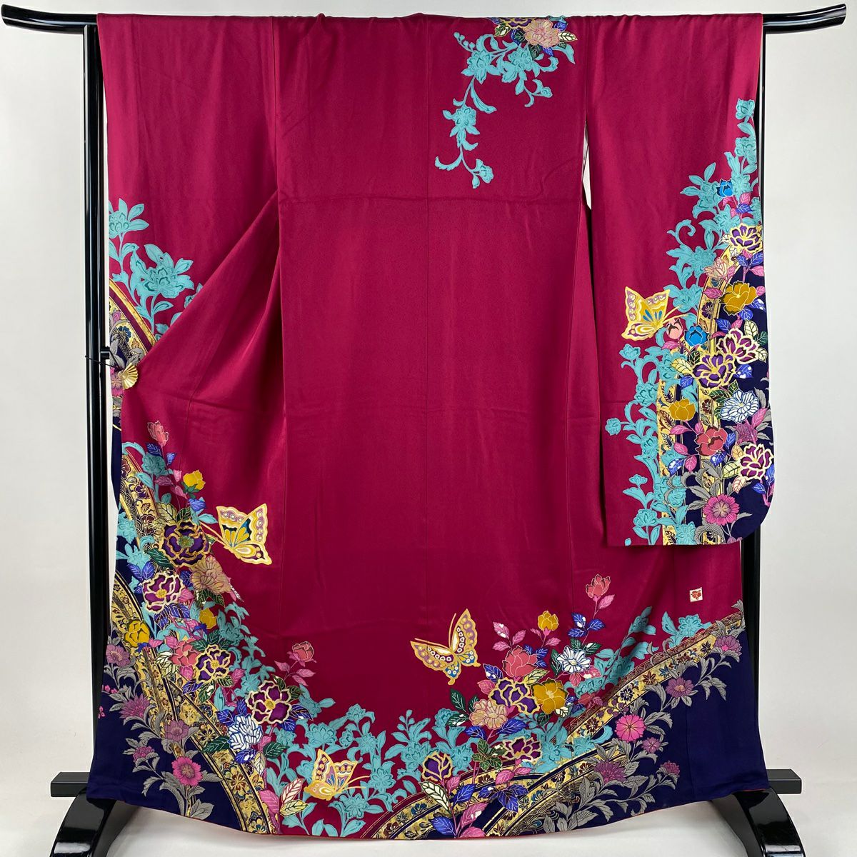 【美品】振袖禮服 身長164.5cm 袖長65.5cm M 雙層 草花紋紋 蝶 金絲 金銀彩 深粉紅 純蠶絲 秀品級