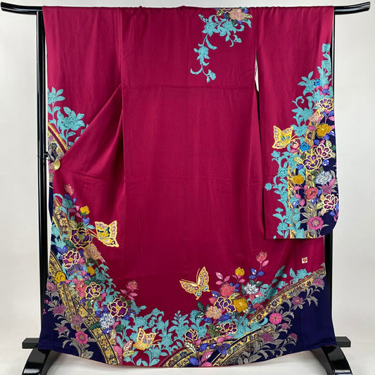 【美品】振袖禮服 身長164.5cm 袖長65.5cm M 雙層 草花紋紋 蝶 金絲 金銀彩 深粉紅 純蠶絲 秀品級