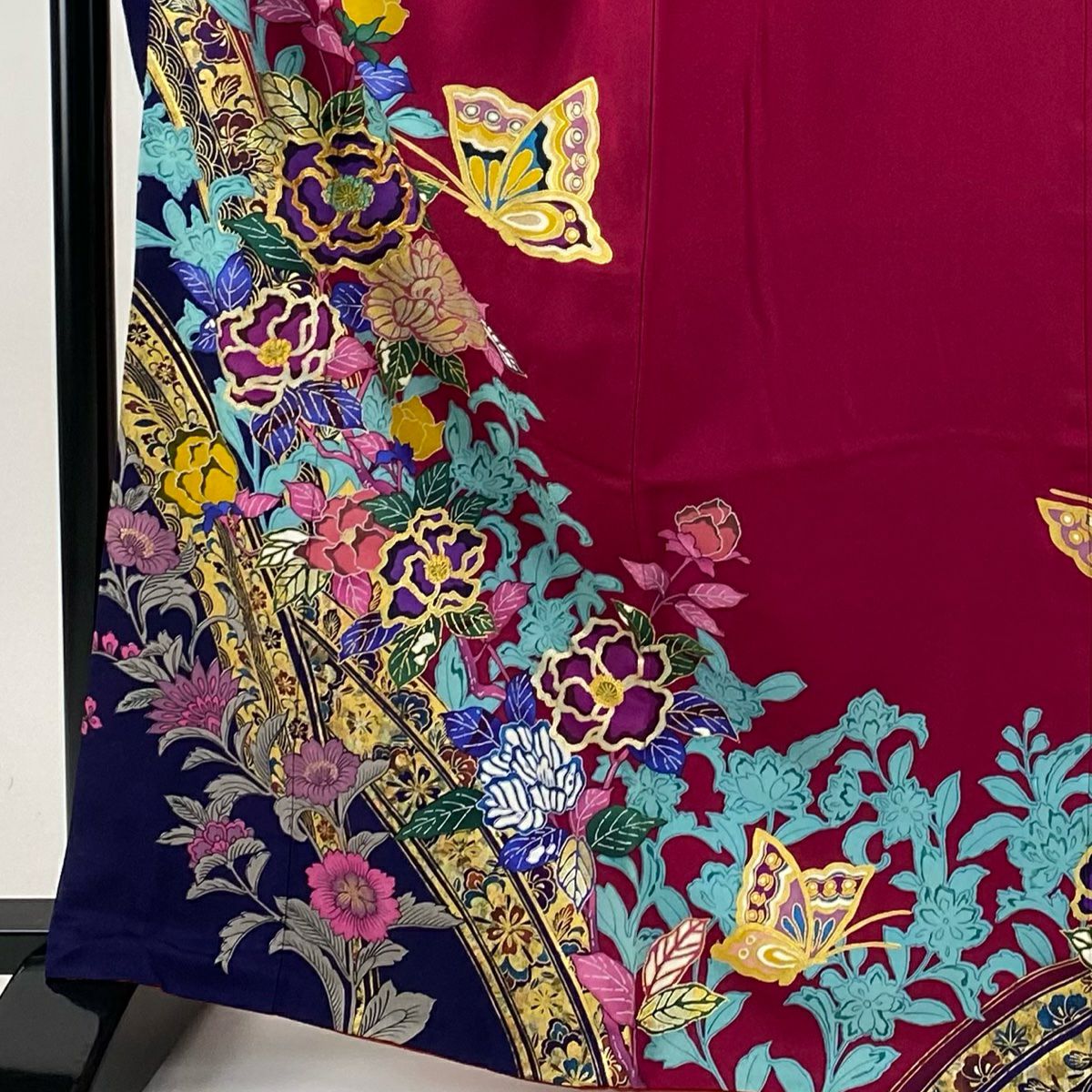 【美品】振袖禮服 身長164.5cm 袖長65.5cm M 雙層 草花紋紋 蝶 金絲 金銀彩 深粉紅 純蠶絲 秀品級