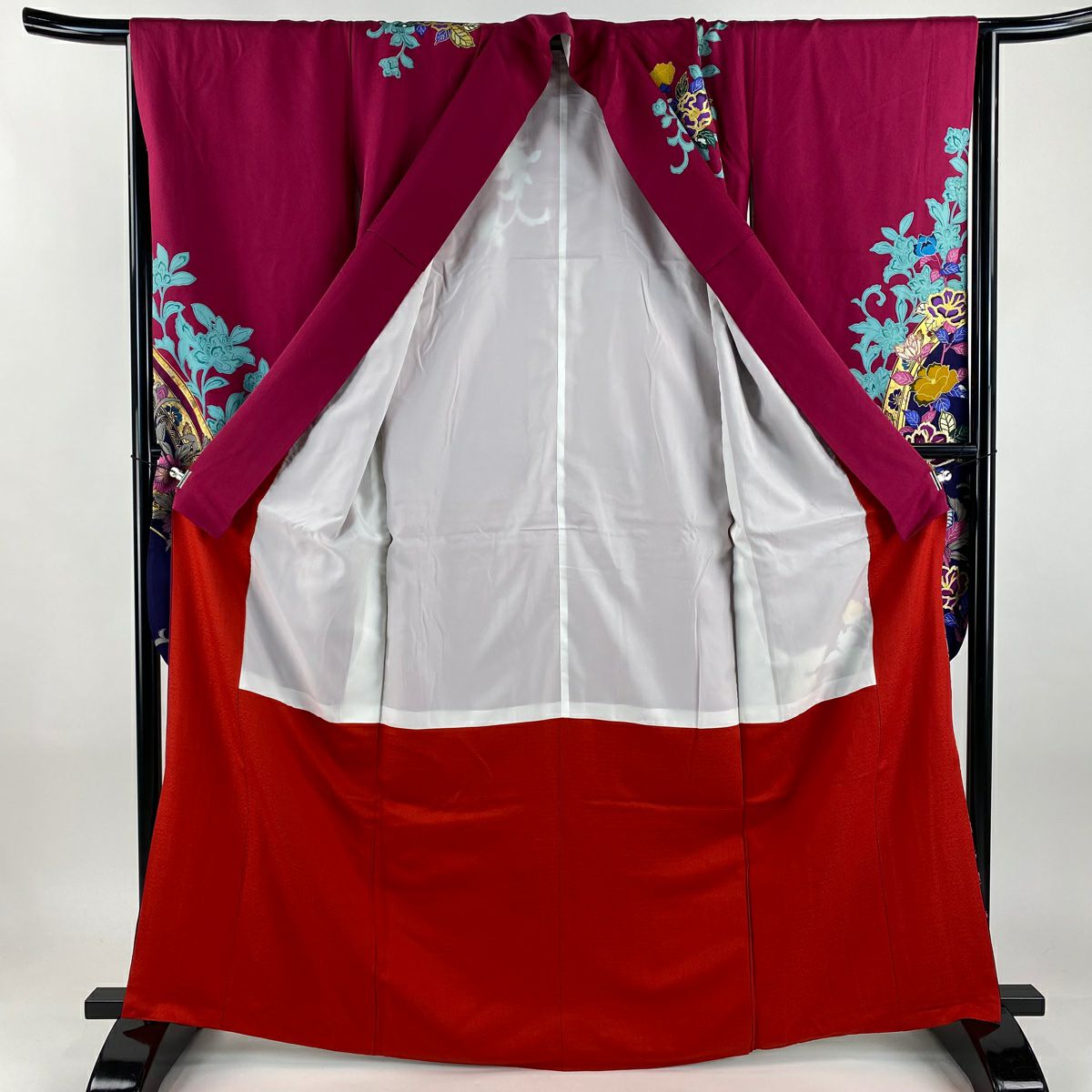 【美品】振袖禮服 身長164.5cm 袖長65.5cm M 雙層 草花紋紋 蝶 金絲 金銀彩 深粉紅 純蠶絲 秀品級